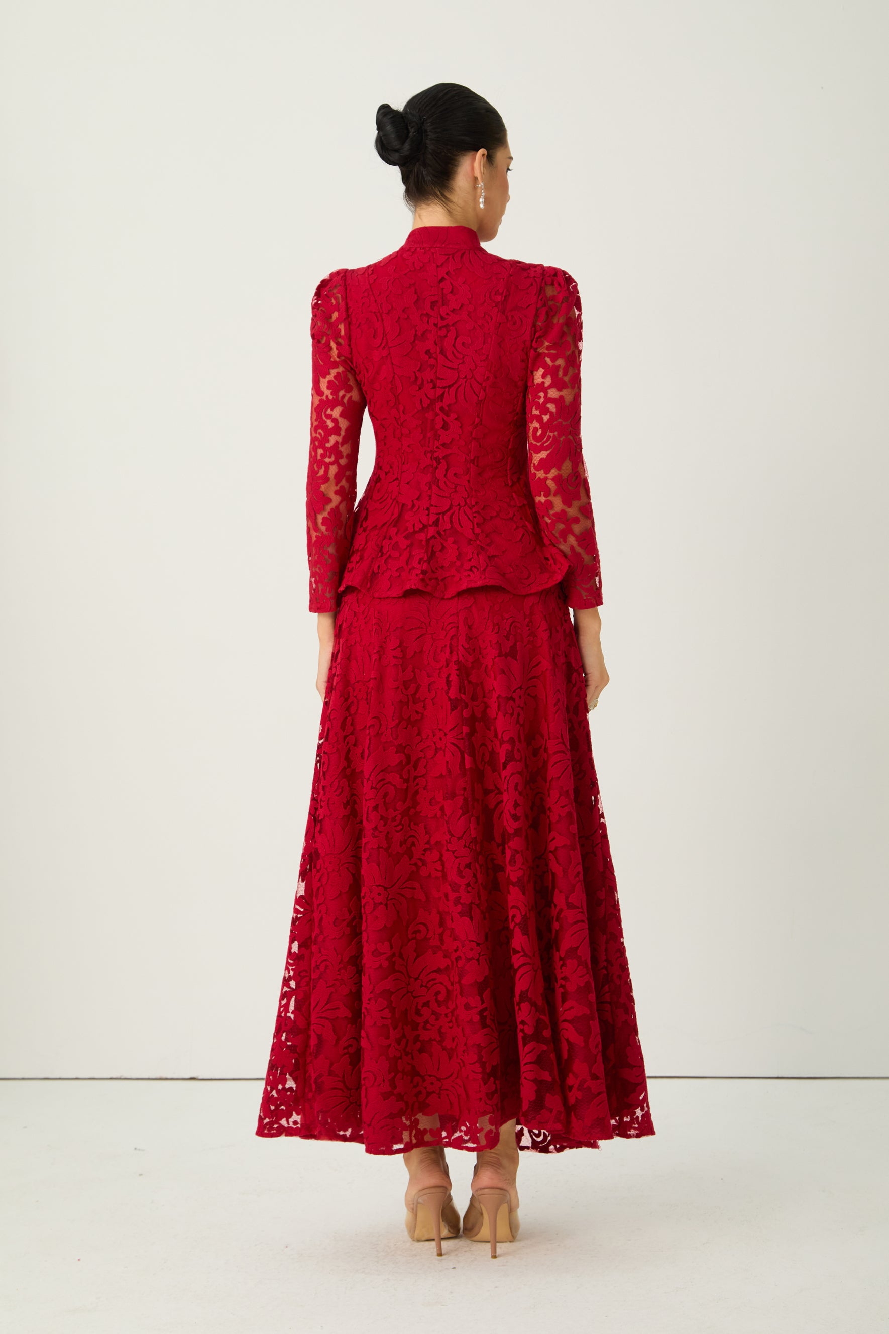 All This Allure Red Floral Embroidered Lace Top & Skirt Set