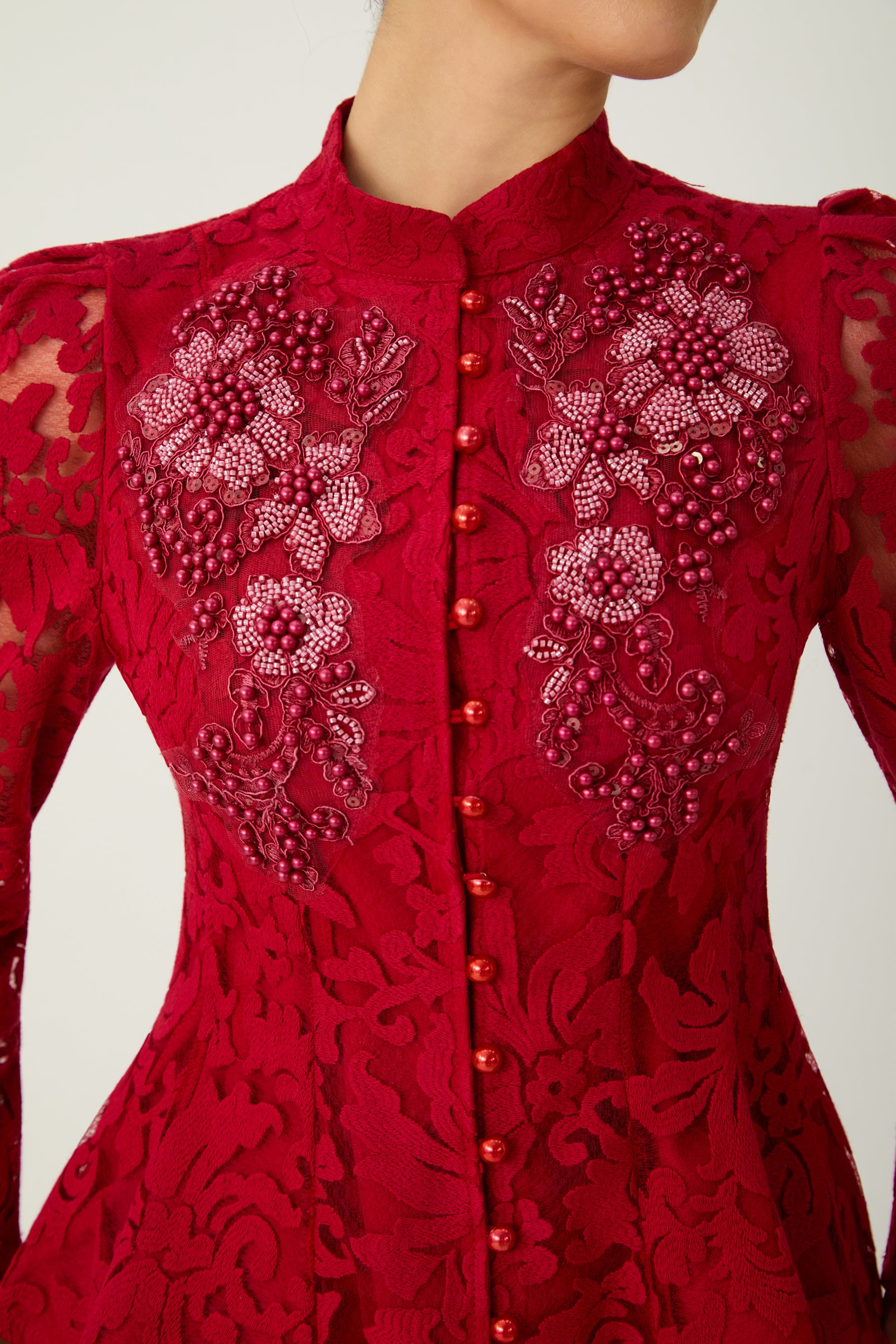 All This Allure Red Floral Embroidered Lace Top & Skirt Set