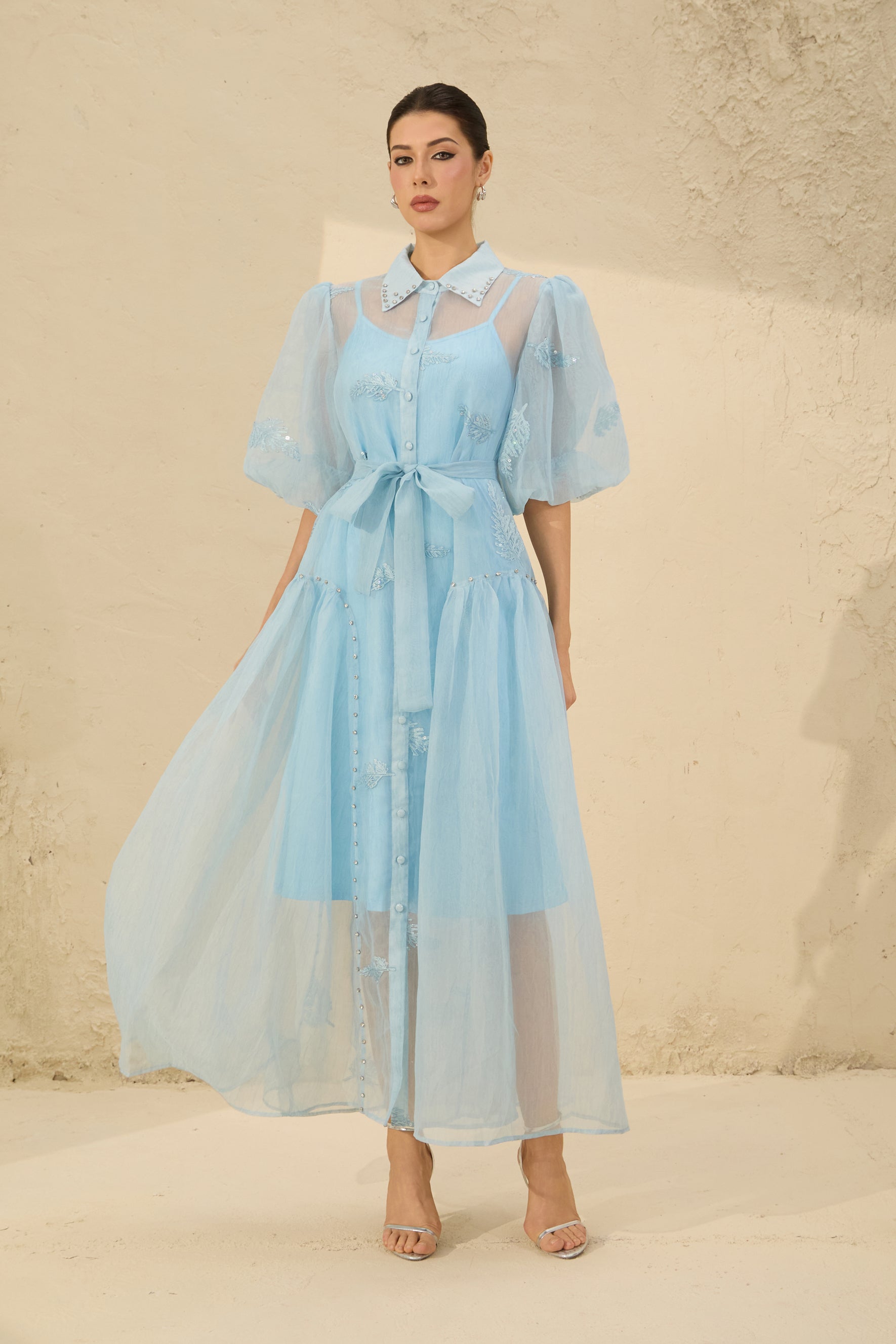 Dreamy Personality Blue Puff Sleeve Embroidered Maxi Dress