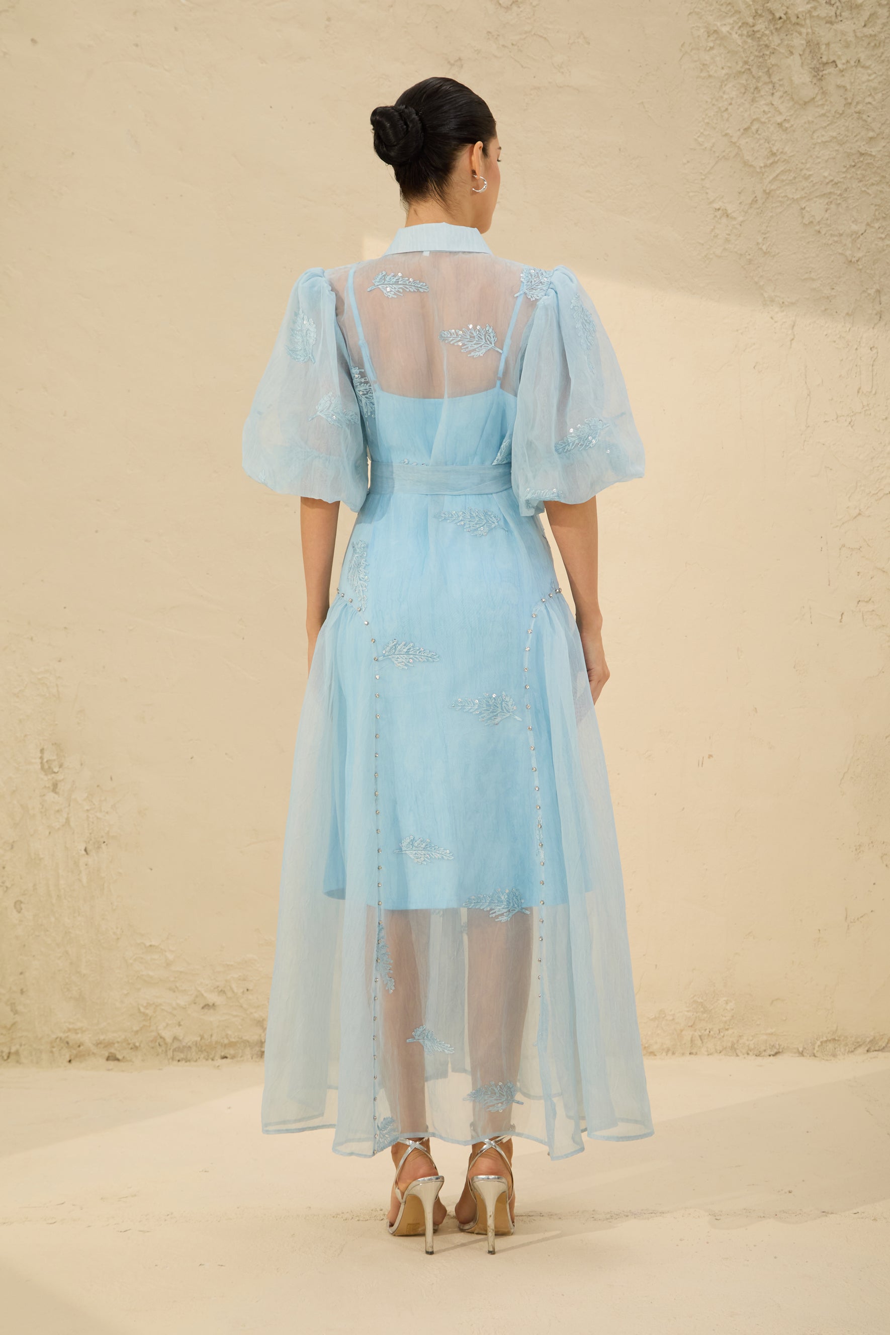 Dreamy Personality Blue Puff Sleeve Embroidered Maxi Dress