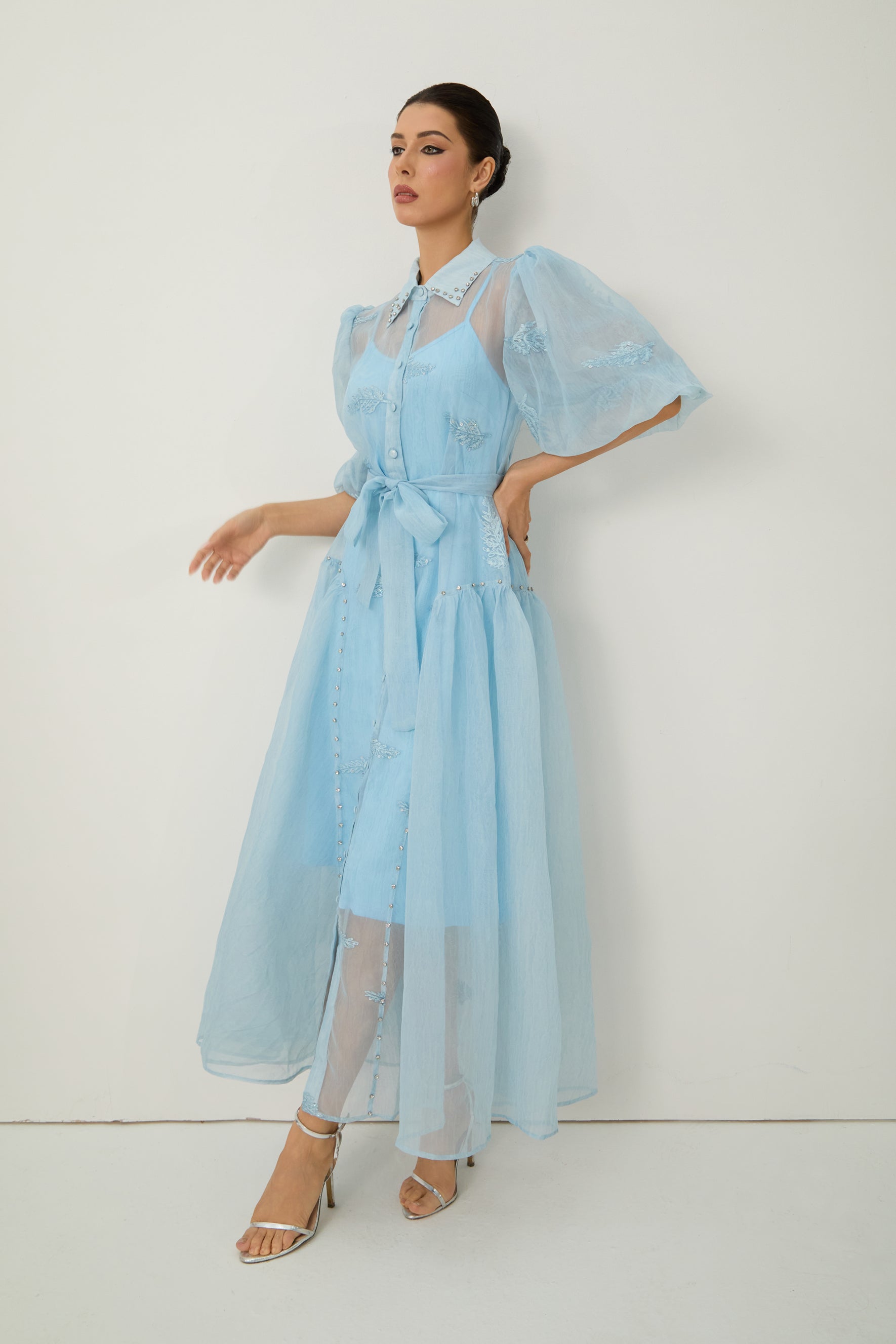 Dreamy Personality Blue Puff Sleeve Embroidered Maxi Dress