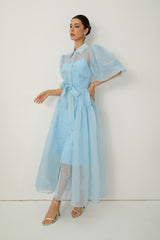 Dreamy Personality Blue Puff Sleeve Embroidered Maxi Dress