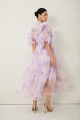 Dream Kiss Purple Puff Sleeve Ruffle Maxi Dress