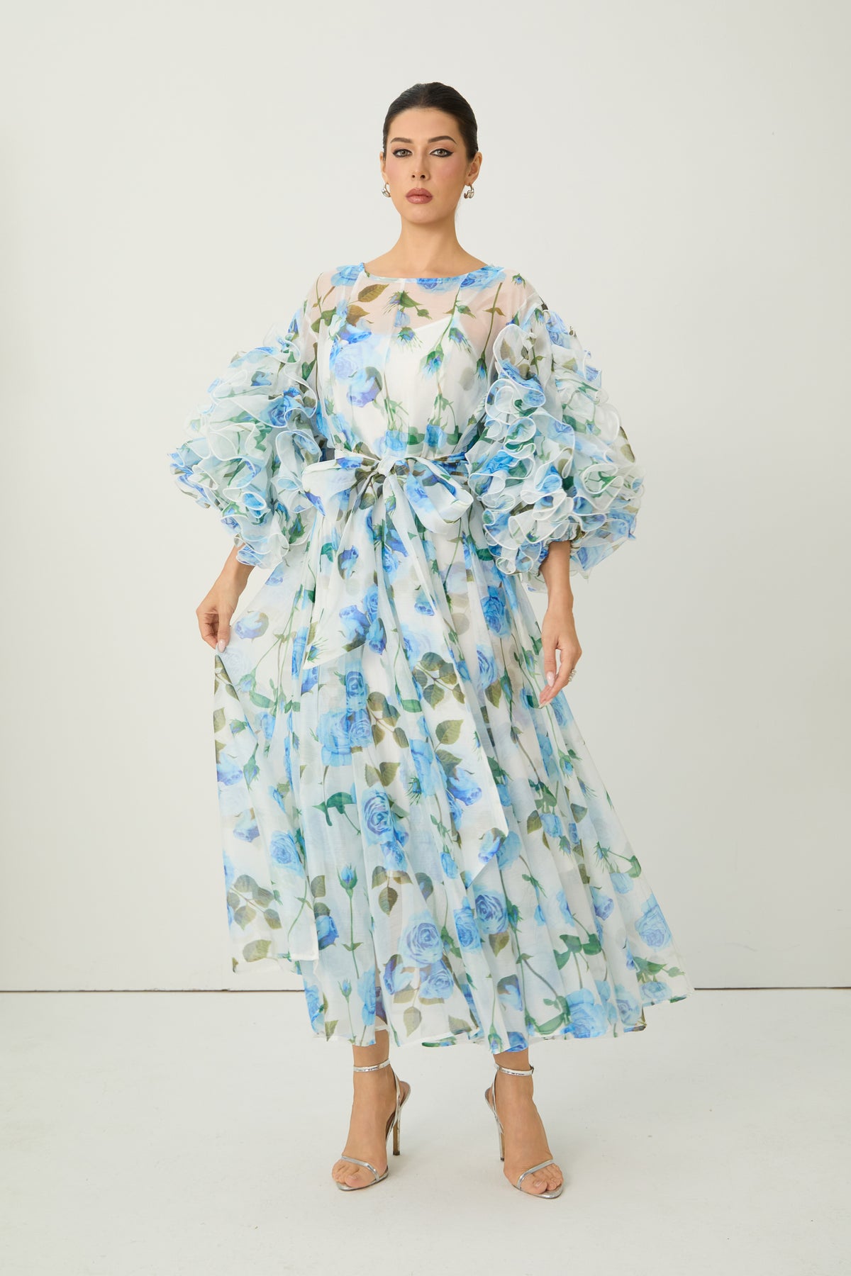 Dreaming in Color Blue Rose Print Ruffled Sleeve Maxi Dress