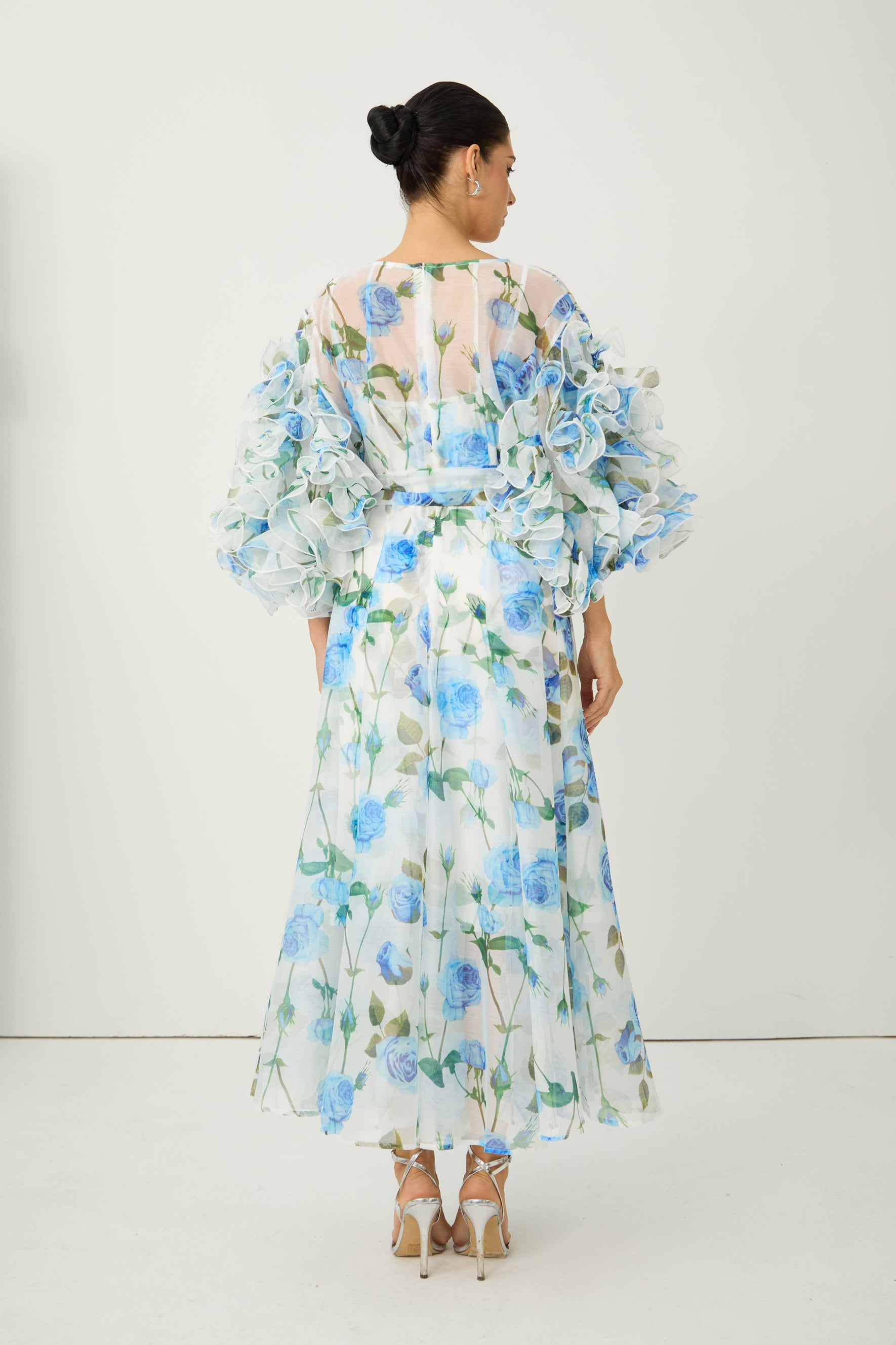 Dreaming in Color Blue Rose Print Ruffled Sleeve Maxi Dress