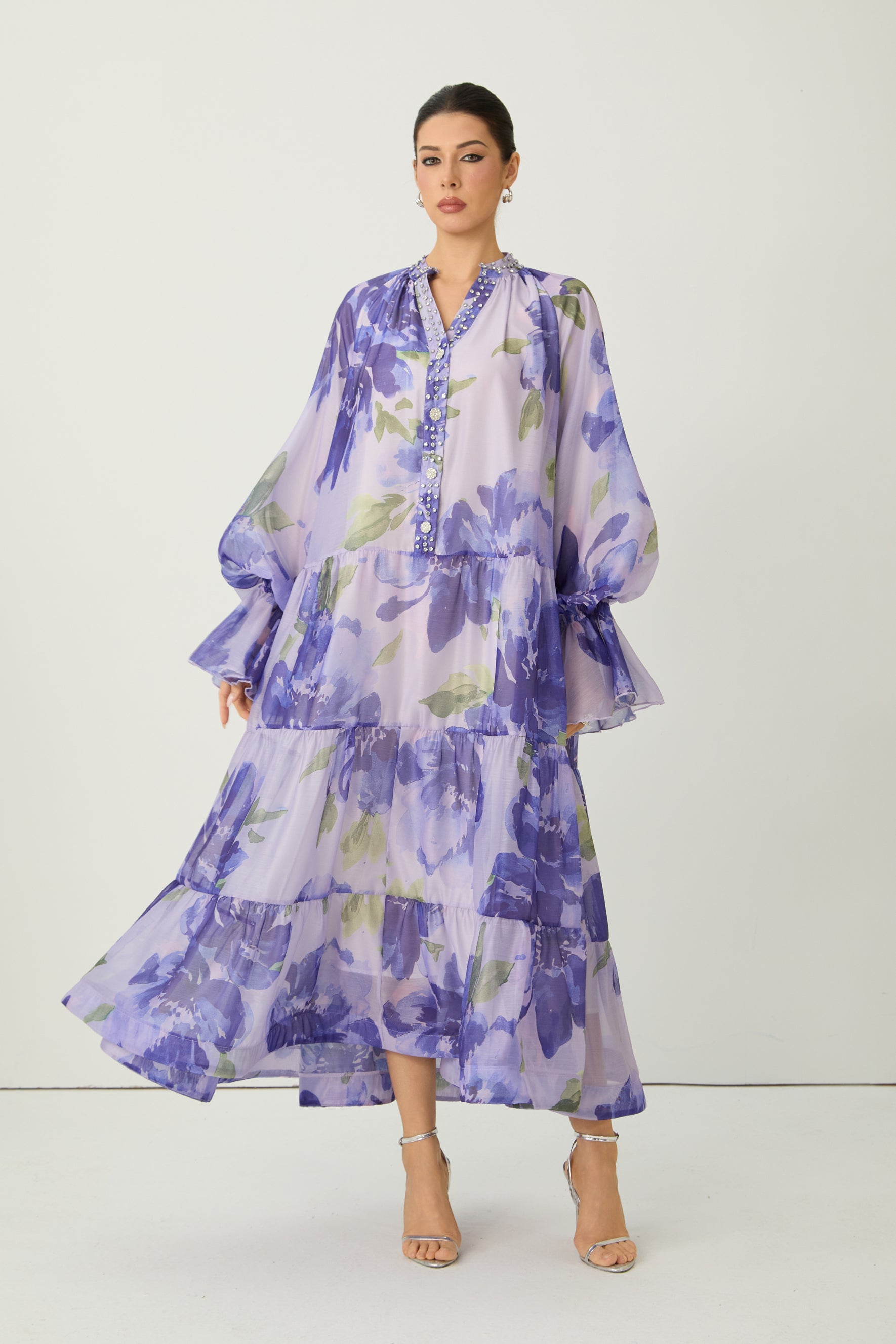 Dreaming Of Elegance Purple Floral Print Tiered Maxi Dress