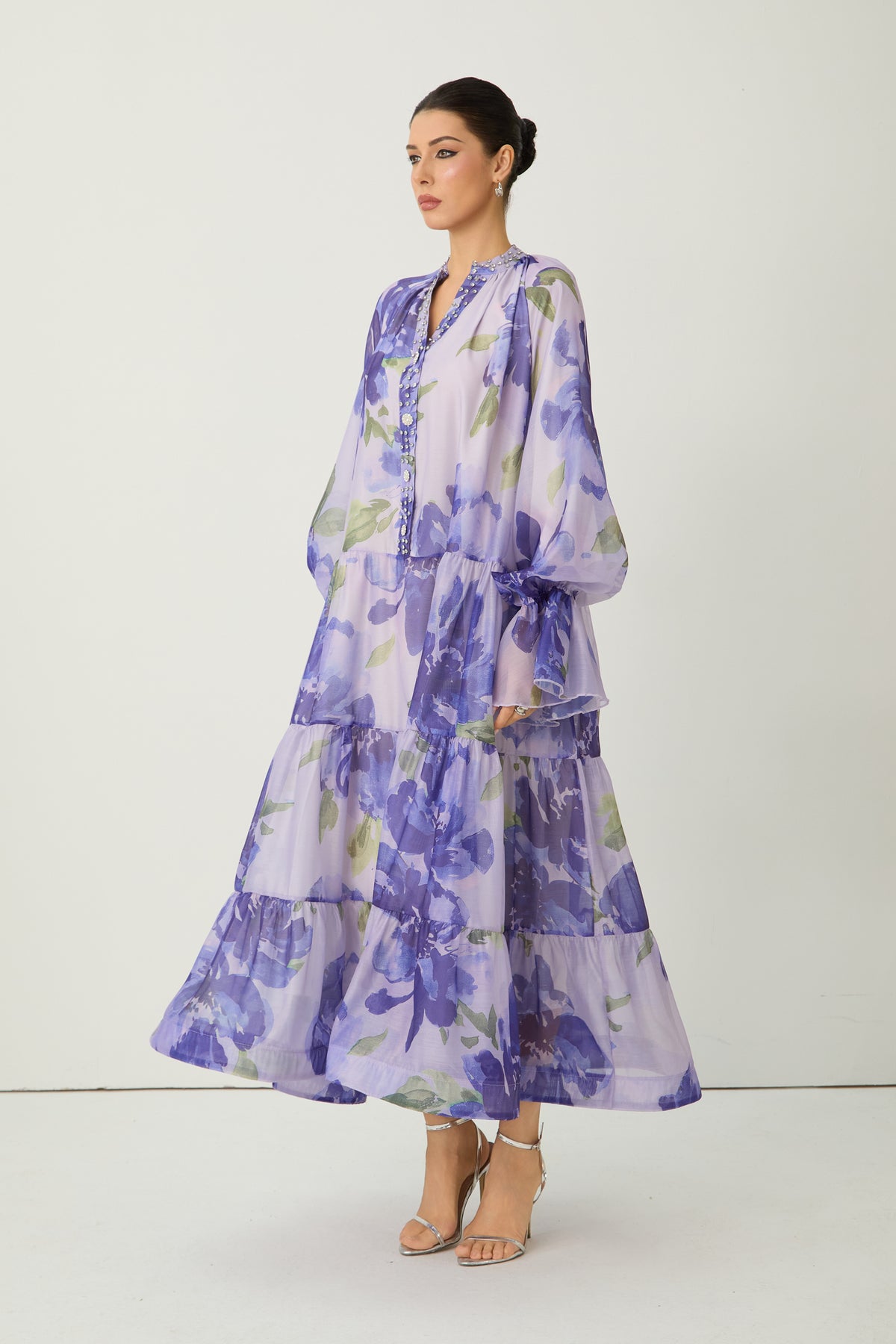 Dreaming Of Elegance Purple Floral Print Tiered Maxi Dress