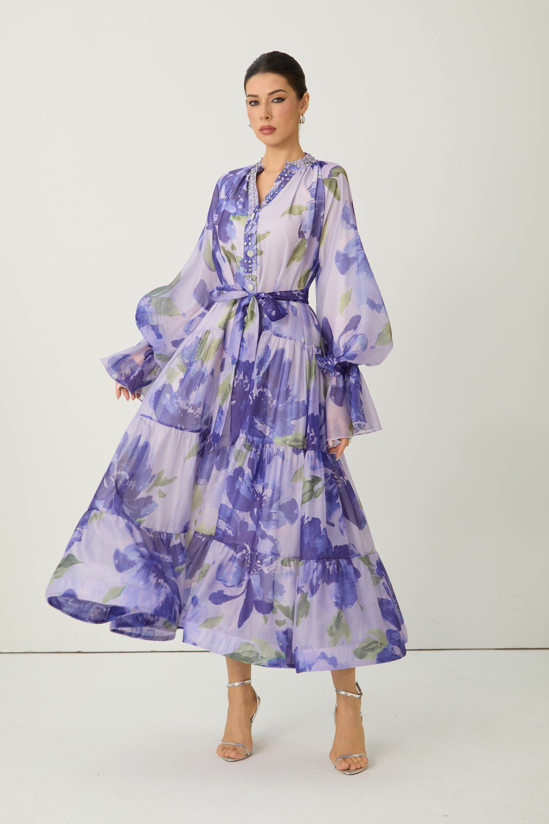 Dreaming Of Elegance Purple Floral Print Tiered Maxi Dress