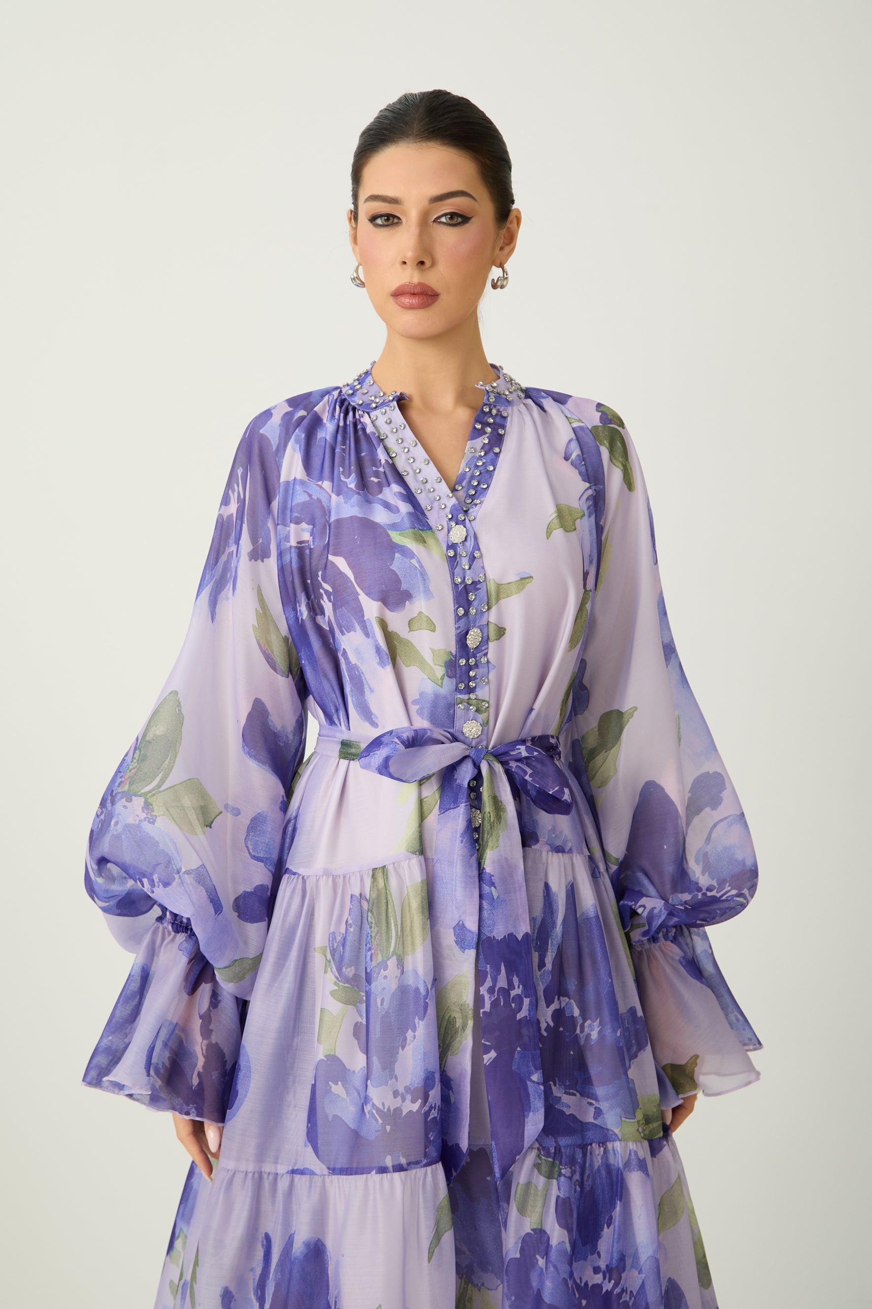 Dreaming Of Elegance Purple Floral Print Tiered Maxi Dress