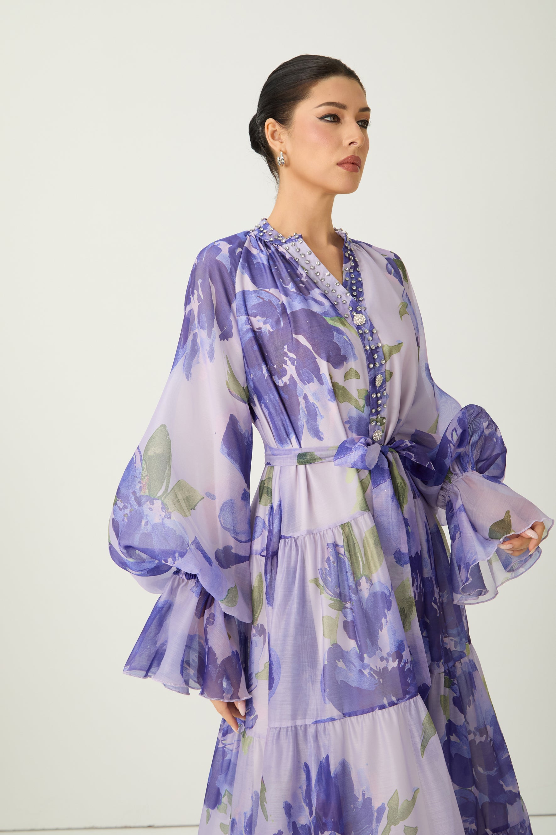 Dreaming Of Elegance Purple Floral Print Tiered Maxi Dress