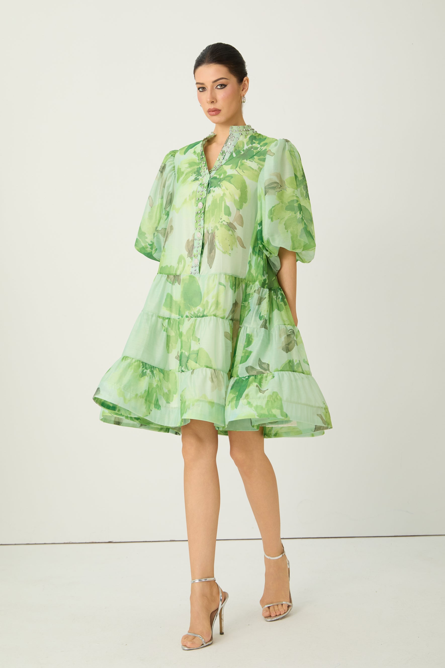 Vibrant Poise Green Floral Print Puff Sleeve Mini Dress