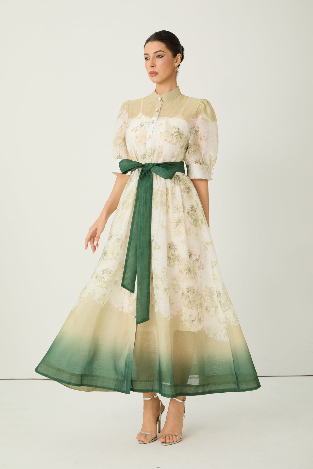 Picturesque Moments Green Floral Print Belted Maxi Dress