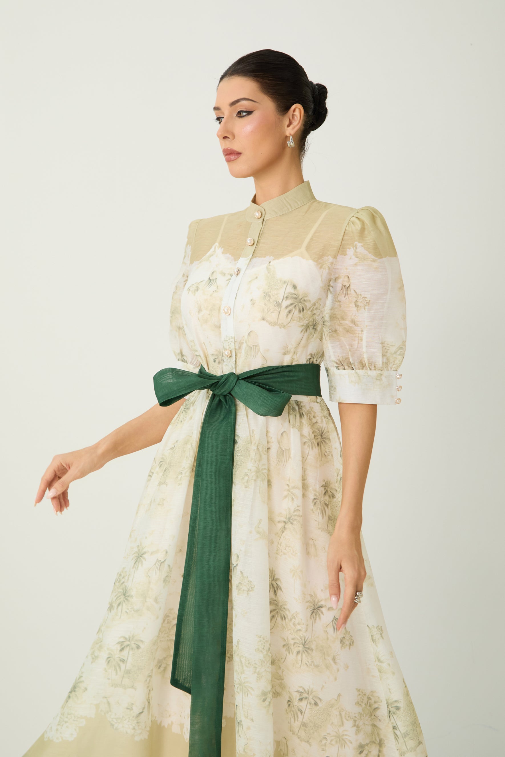 Picturesque Moments Green Floral Print Belted Maxi Dress
