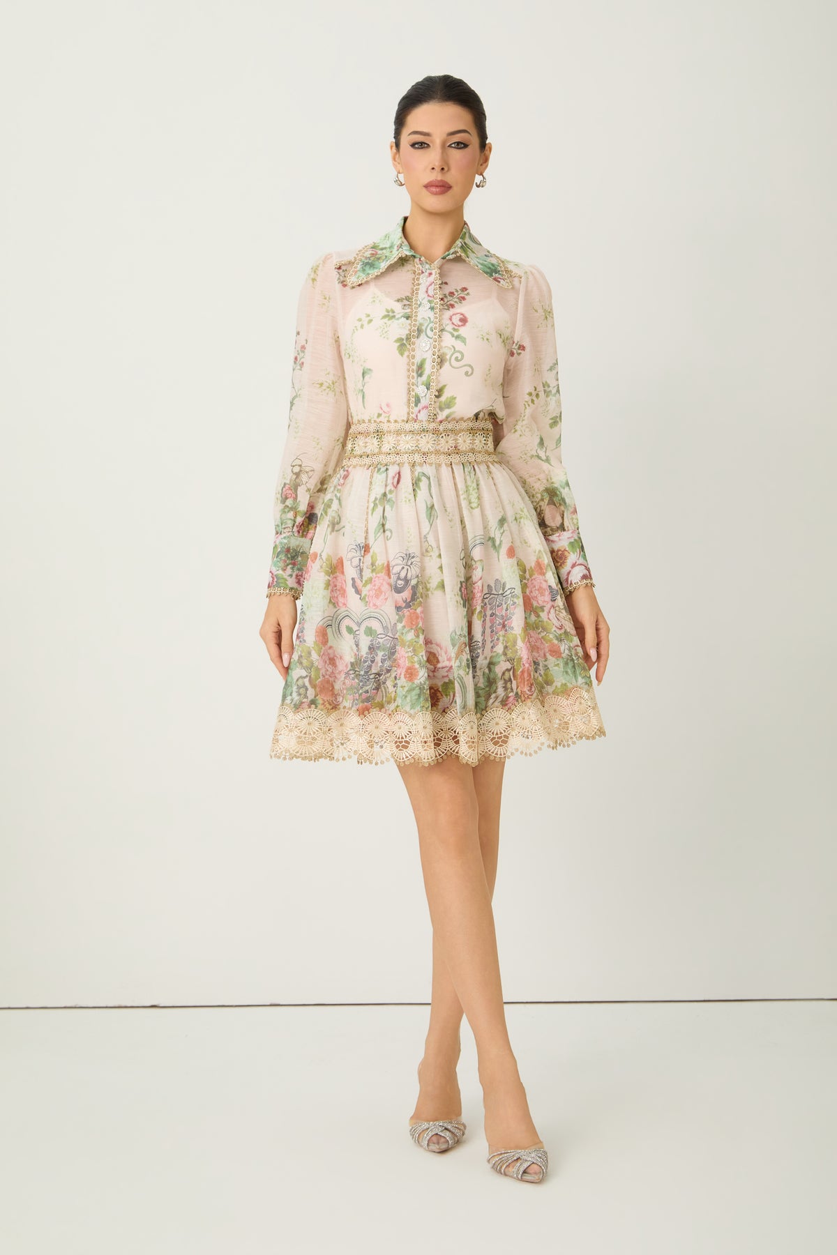 Lovable Spirit Multi Floral Print Shirt & Lace Trim Mini Skirt Set