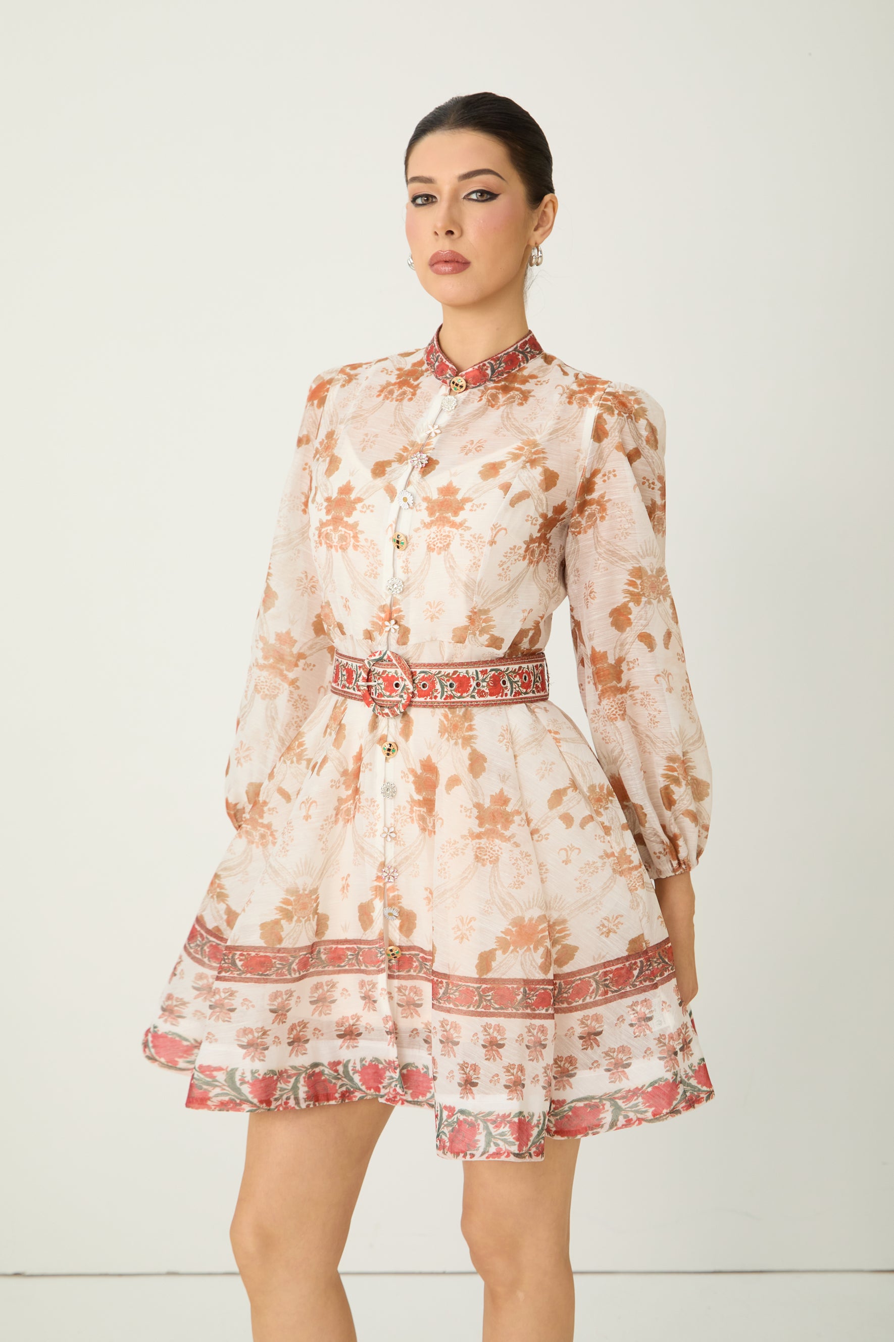 Confident Sensation Beige Balloon Sleeve Floral Print Mini Dress