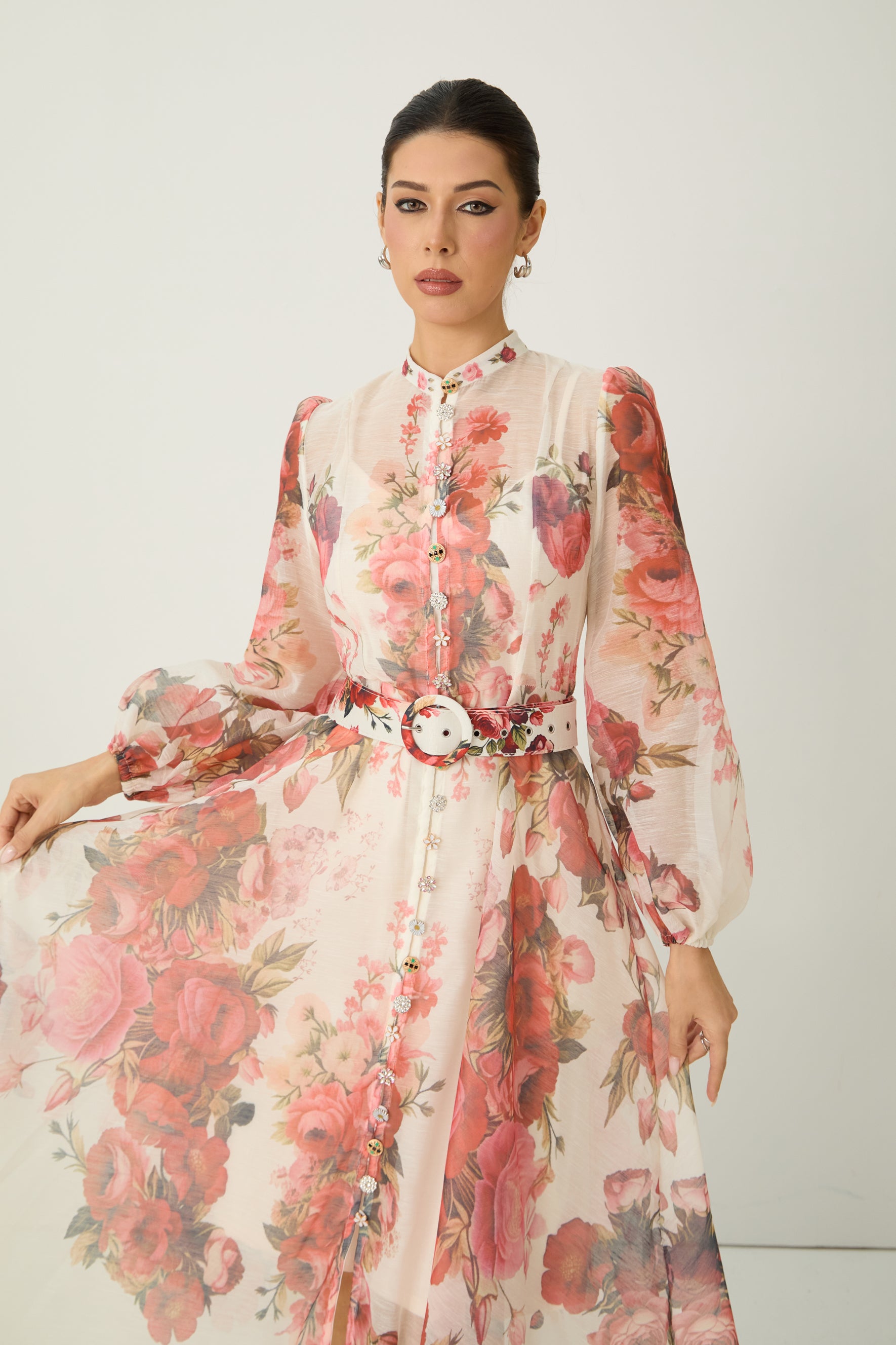 Lady Exclusive Pink Floral Print Semi-sheer Maxi Dress