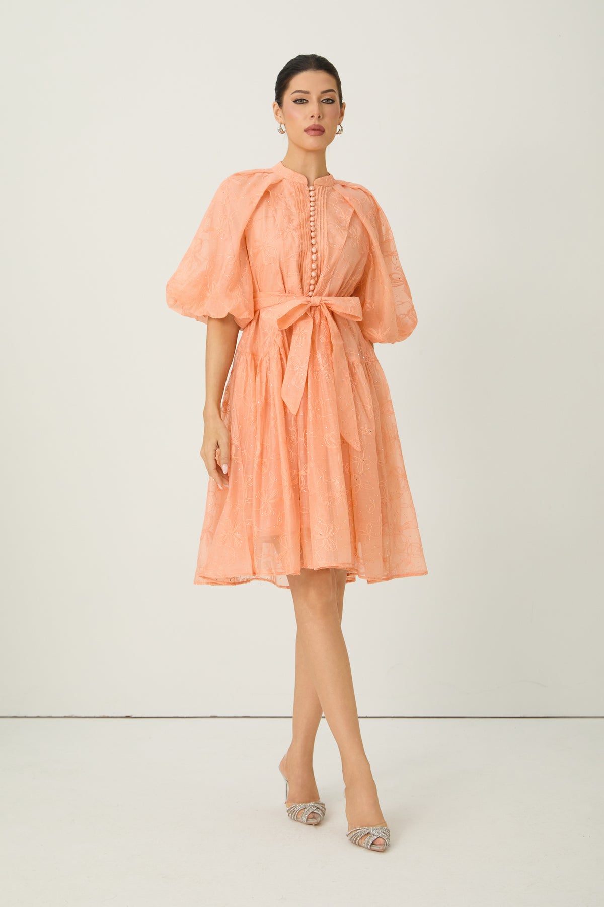 Devoted to Fun Orange Embroidered Short Puff Sleeve Midi Dress