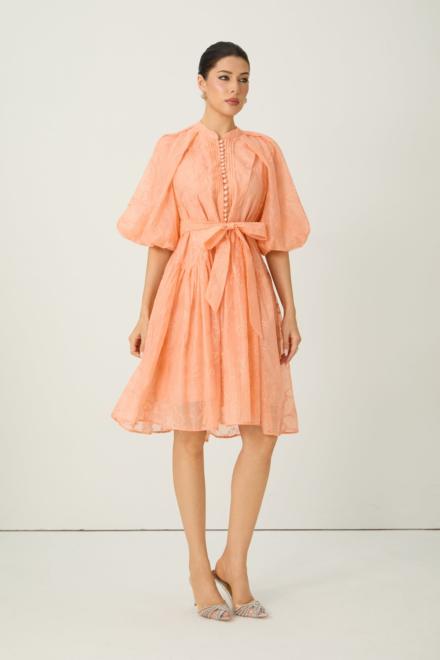 Devoted to Fun Orange Embroidered Short Puff Sleeve Midi Dress