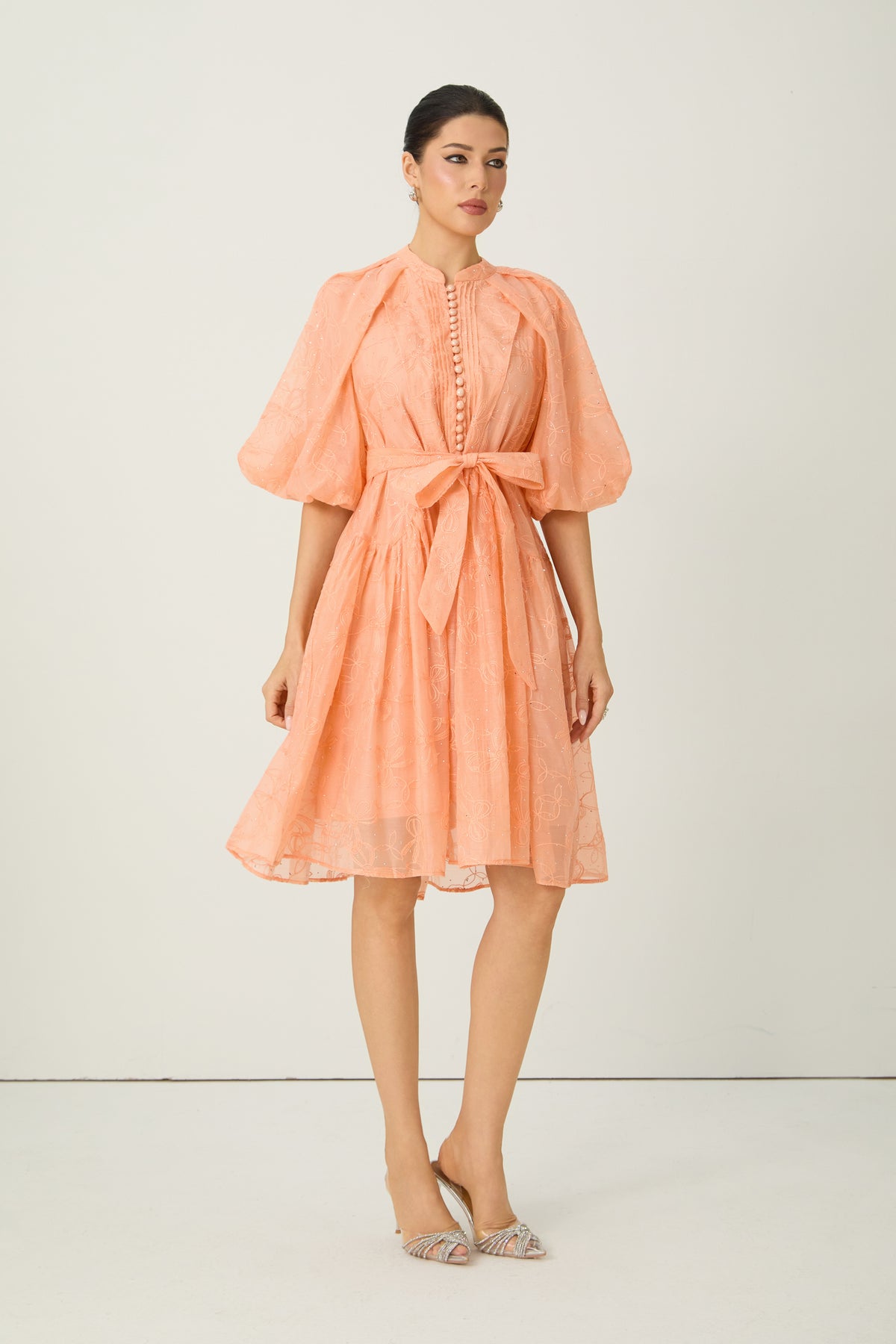 Devoted to Fun Orange Embroidered Short Puff Sleeve Midi Dress