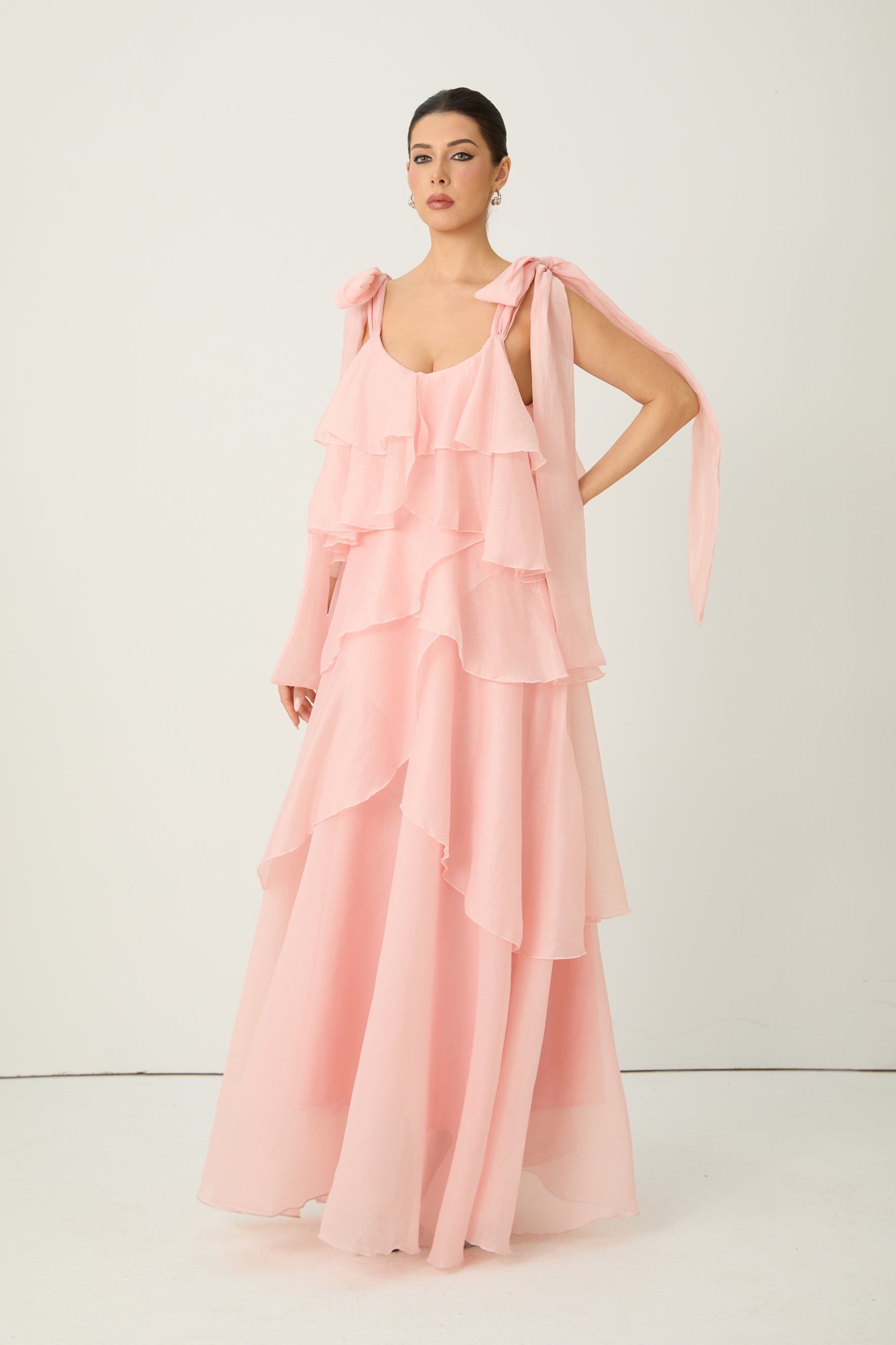 Irresistible Feelings Pink Tiered Ruffle Bow Shoulder Maxi Dress