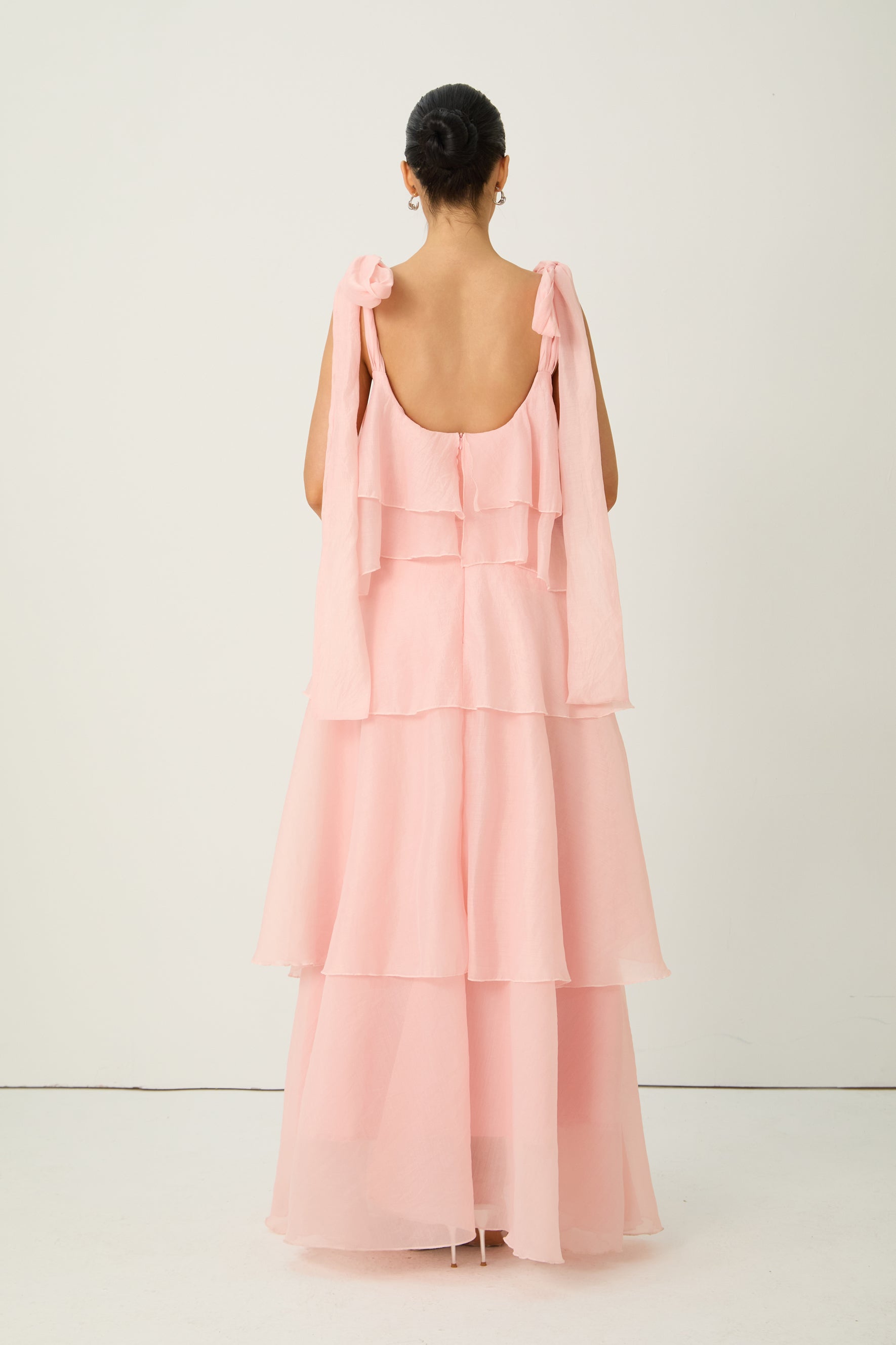 Irresistible Feelings Pink Tiered Ruffle Bow Shoulder Maxi Dress