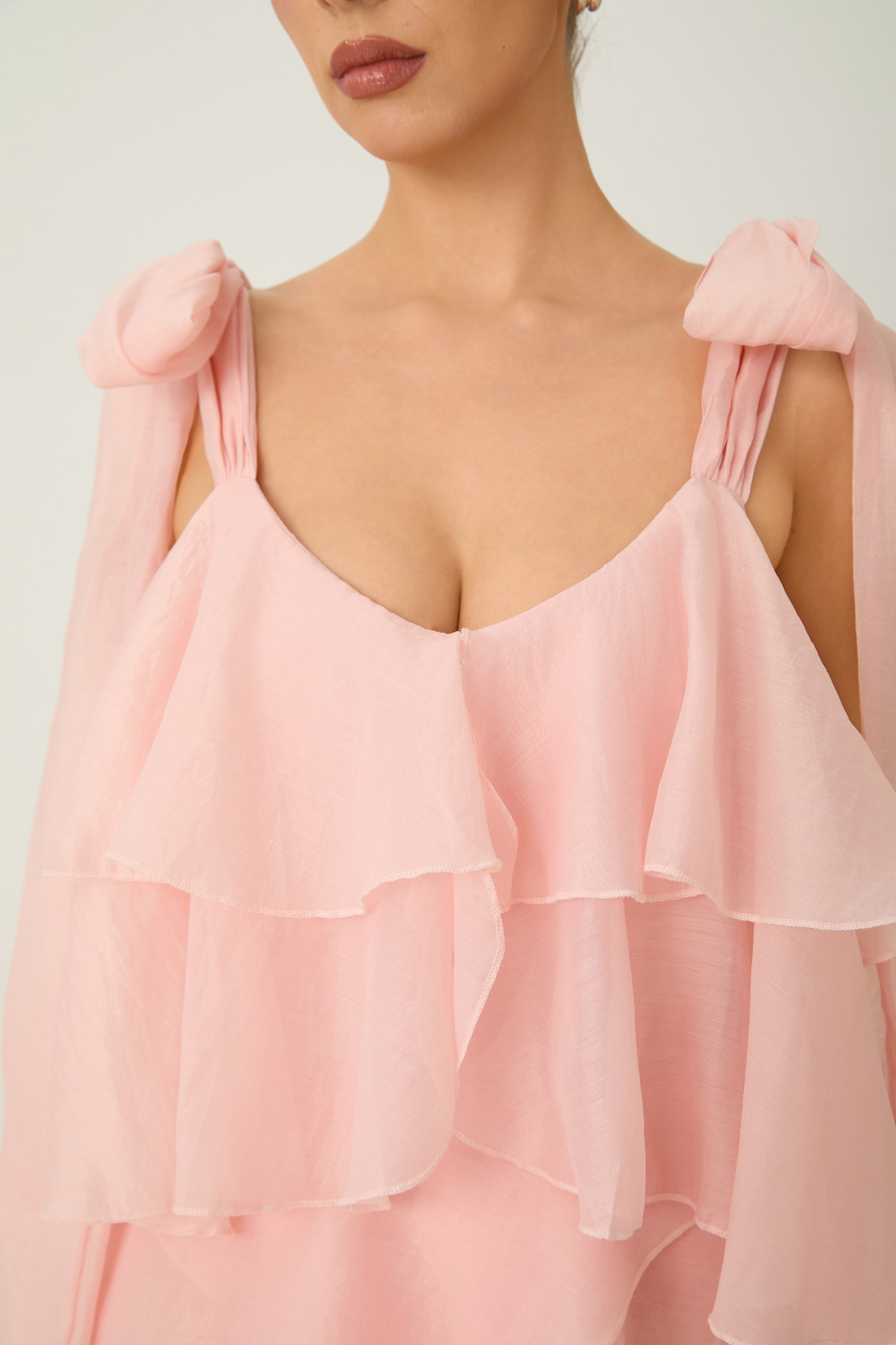 Irresistible Feelings Pink Tiered Ruffle Bow Shoulder Maxi Dress