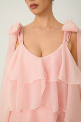 Irresistible Feelings Pink Tiered Ruffle Bow Shoulder Maxi Dress