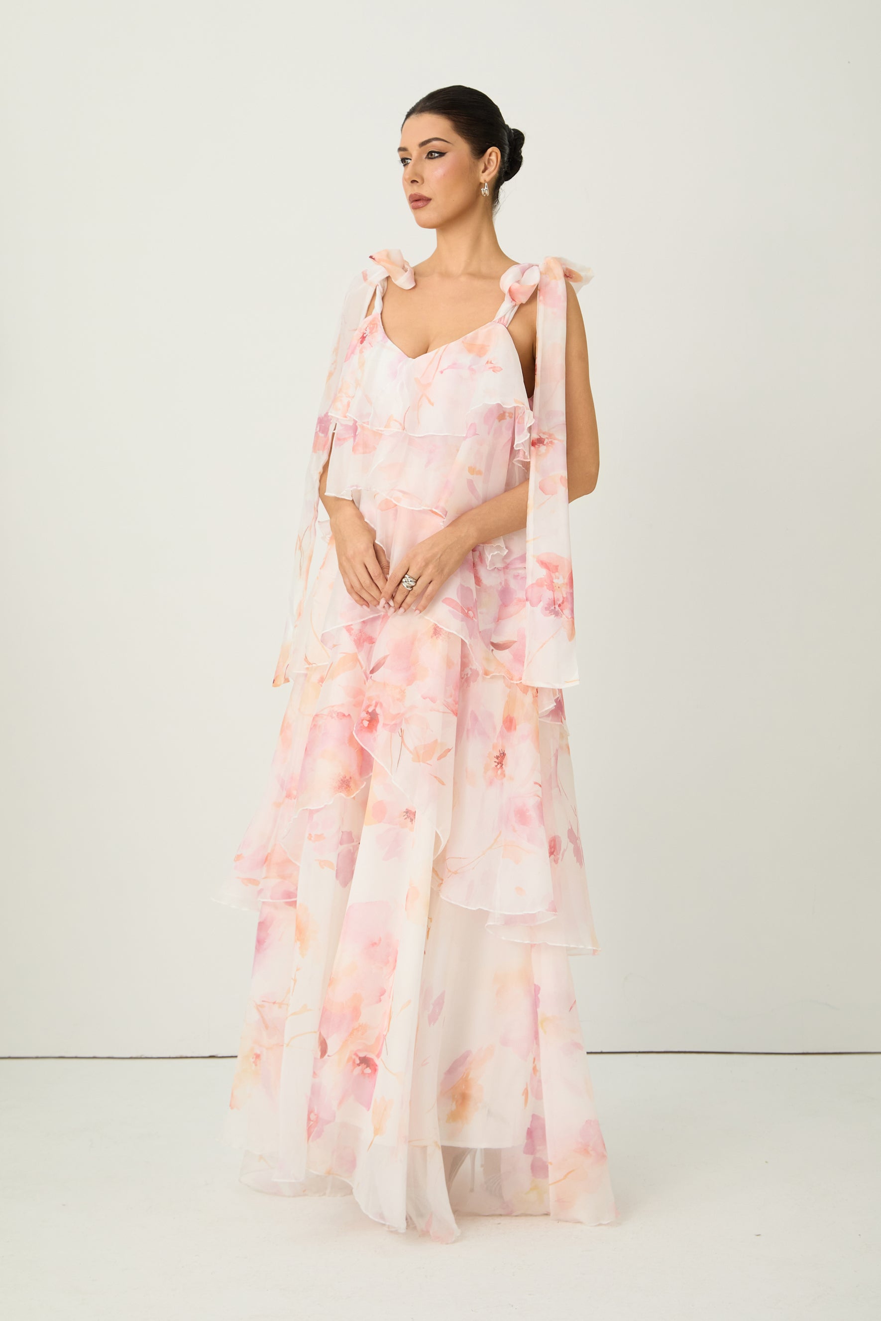 Glamorous Sweetie Pink Floral Print Tiered Ruffle Bow Strap Maxi Dress