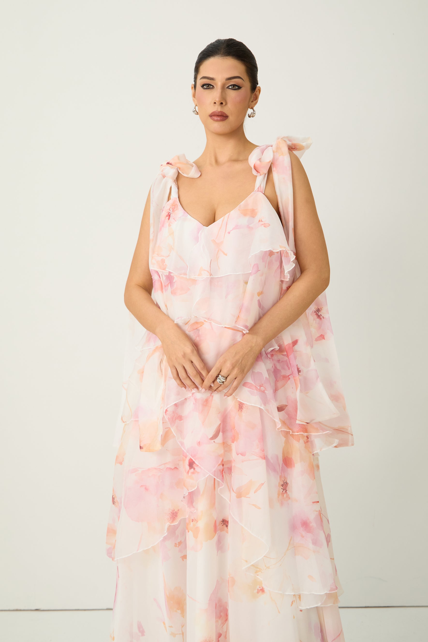 Glamorous Sweetie Pink Floral Print Tiered Ruffle Bow Strap Maxi Dress