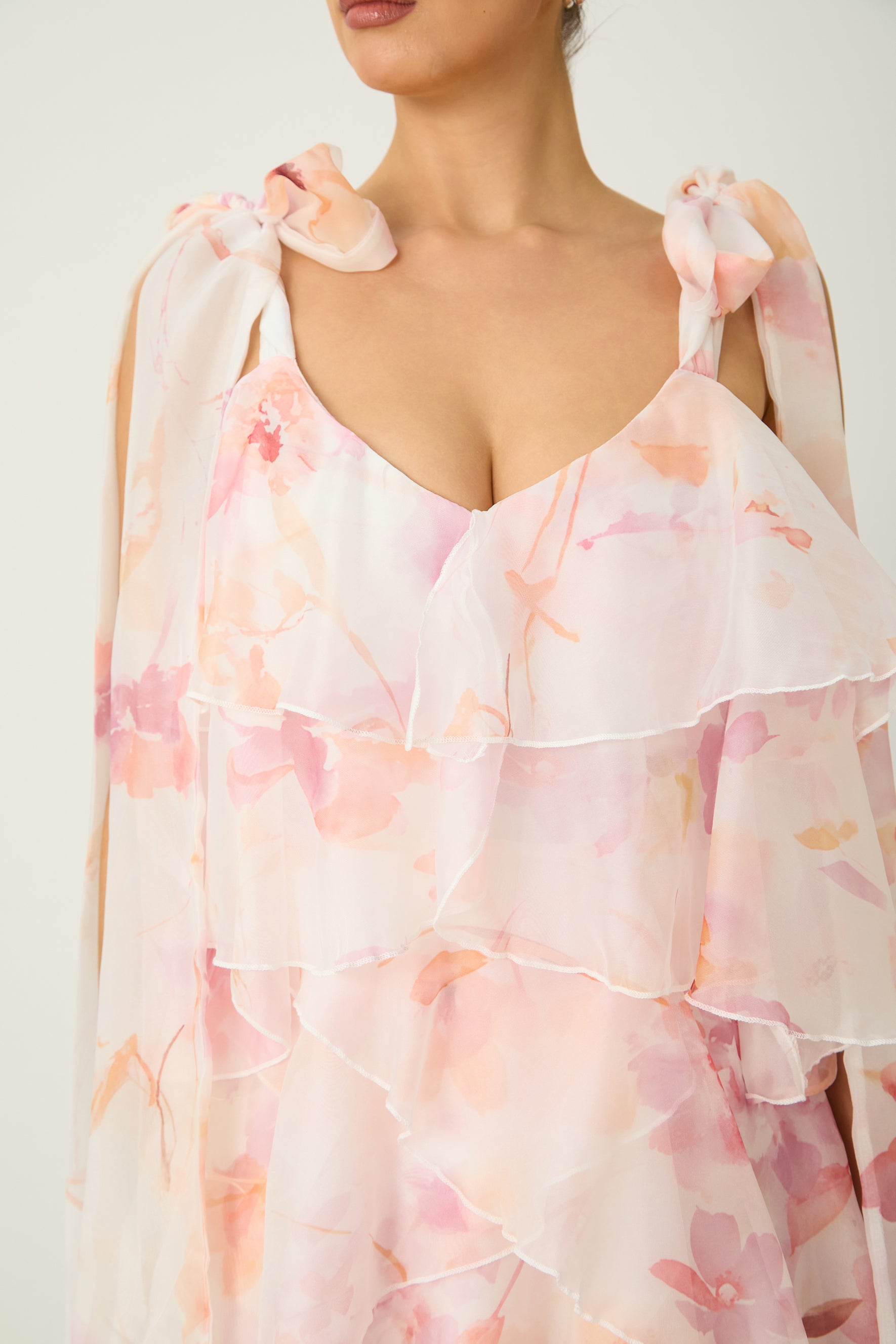 Glamorous Sweetie Pink Floral Print Tiered Ruffle Bow Strap Maxi Dress