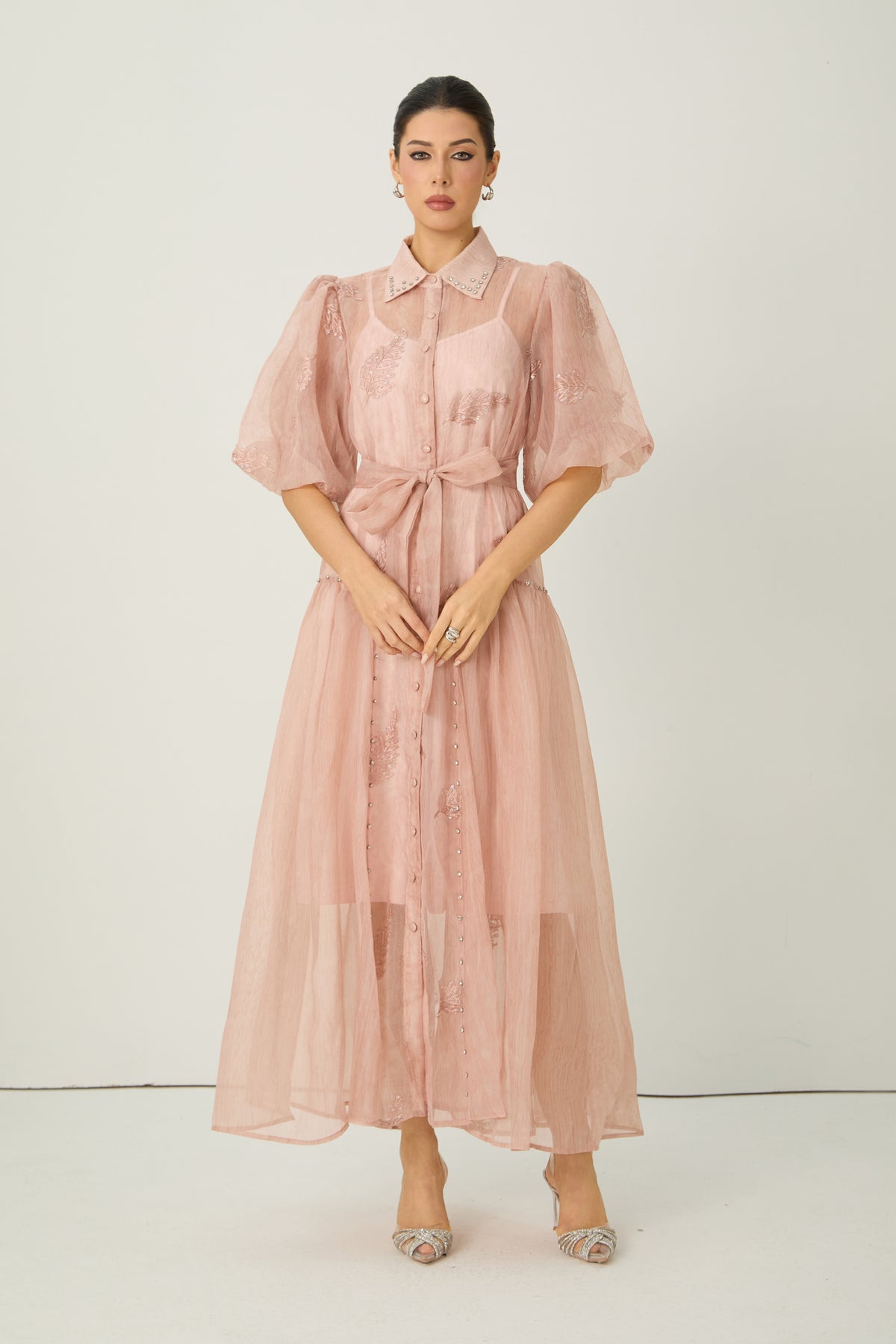 Dreamy Personality Pink Puff Sleeve Embroidered Maxi Dress