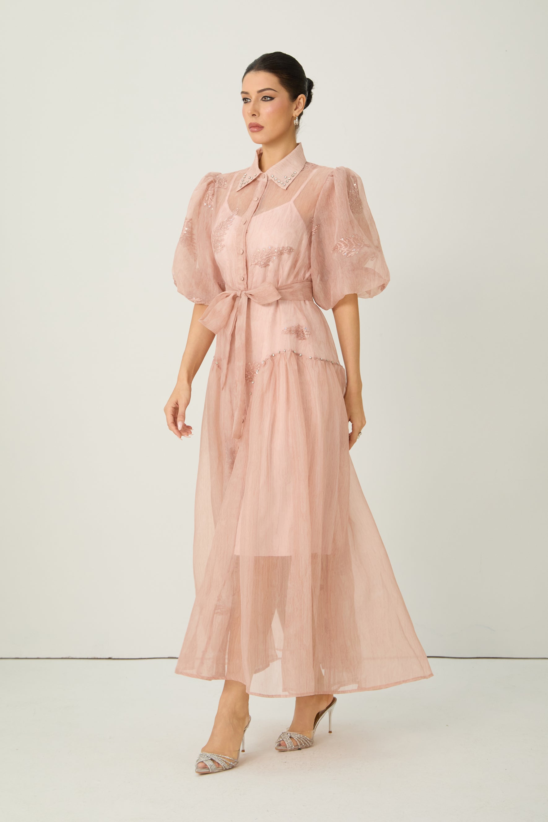 Dreamy Personality Pink Puff Sleeve Embroidered Maxi Dress