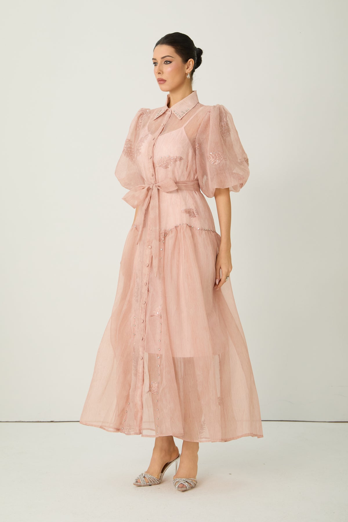 Dreamy Personality Pink Puff Sleeve Embroidered Maxi Dress