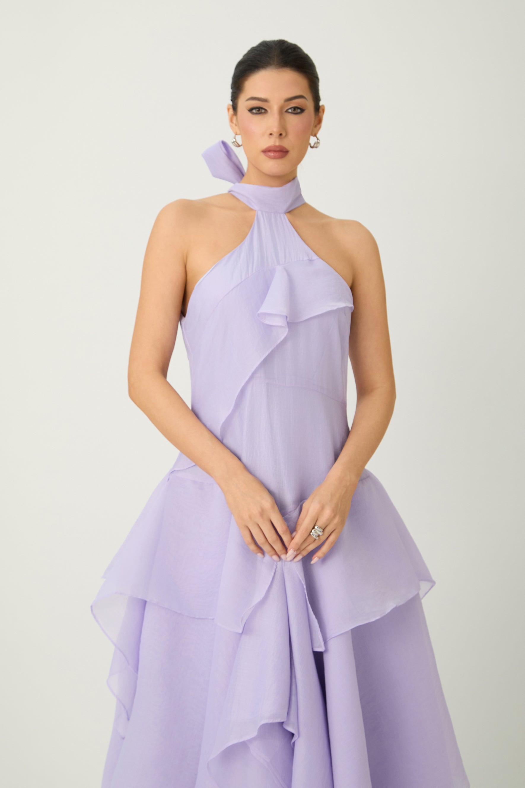 Always Turning Heads Purple Halter Neck Tiered Ruffle Maxi Dress