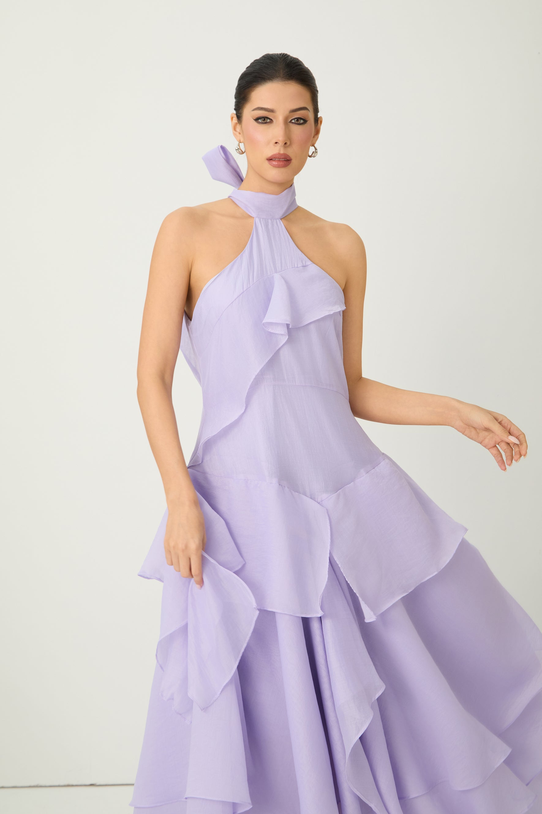 Always Turning Heads Purple Halter Neck Tiered Ruffle Maxi Dress