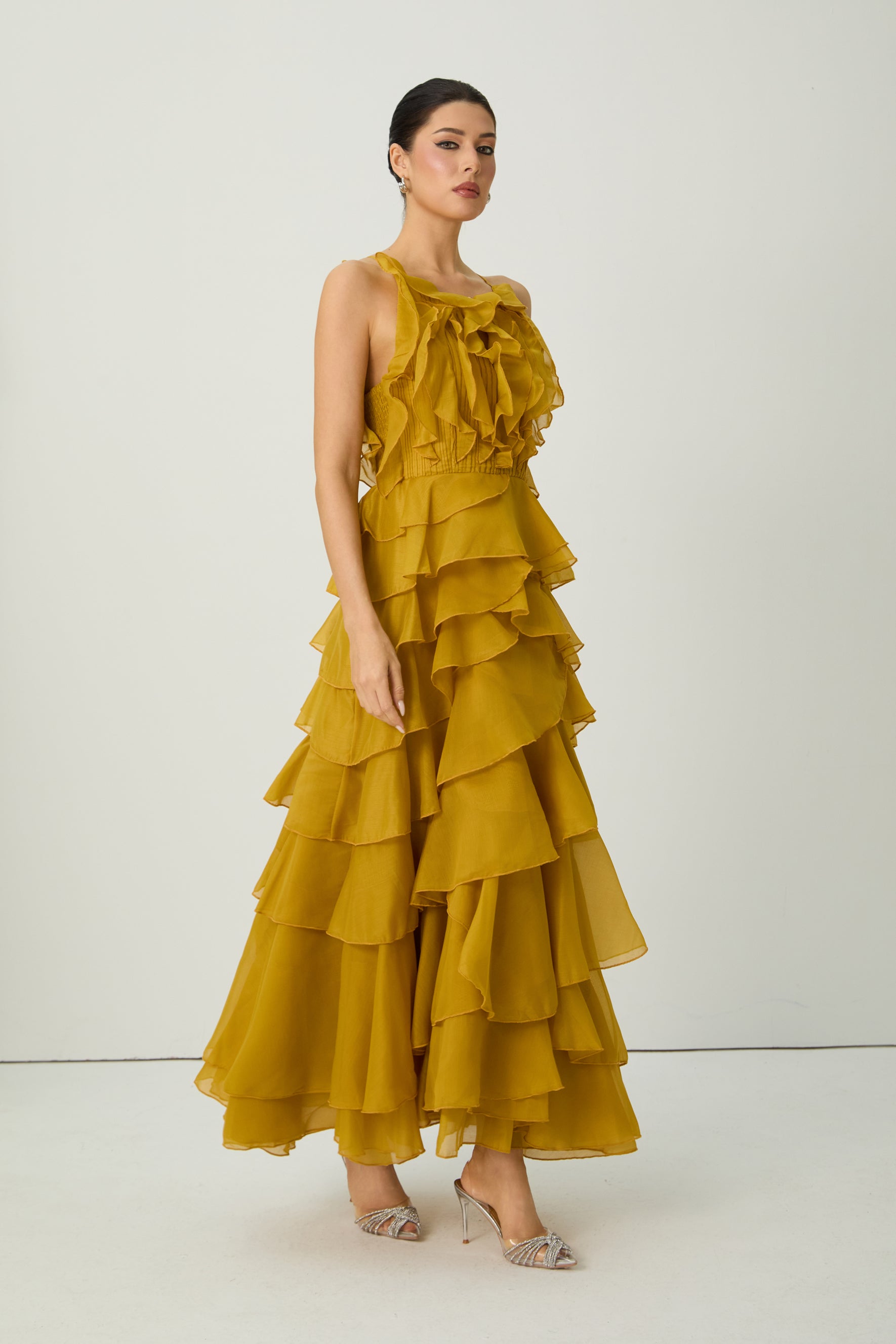Celebration Time Mustard Yellow Spaghetti Strap Tiered Ruffle Maxi Dress