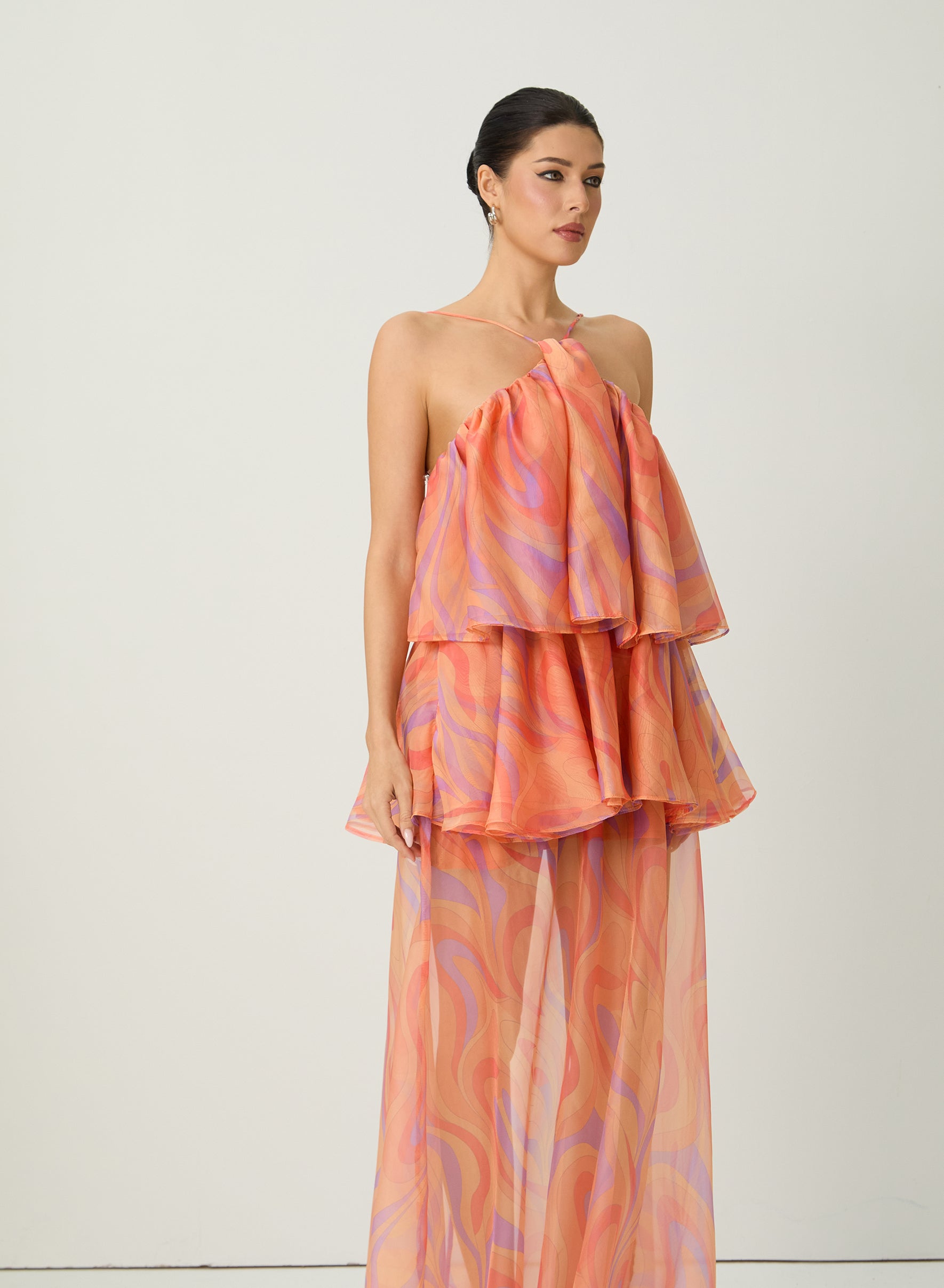 Sweet Sophistication Coral Abstract Print Halter Maxi Dress