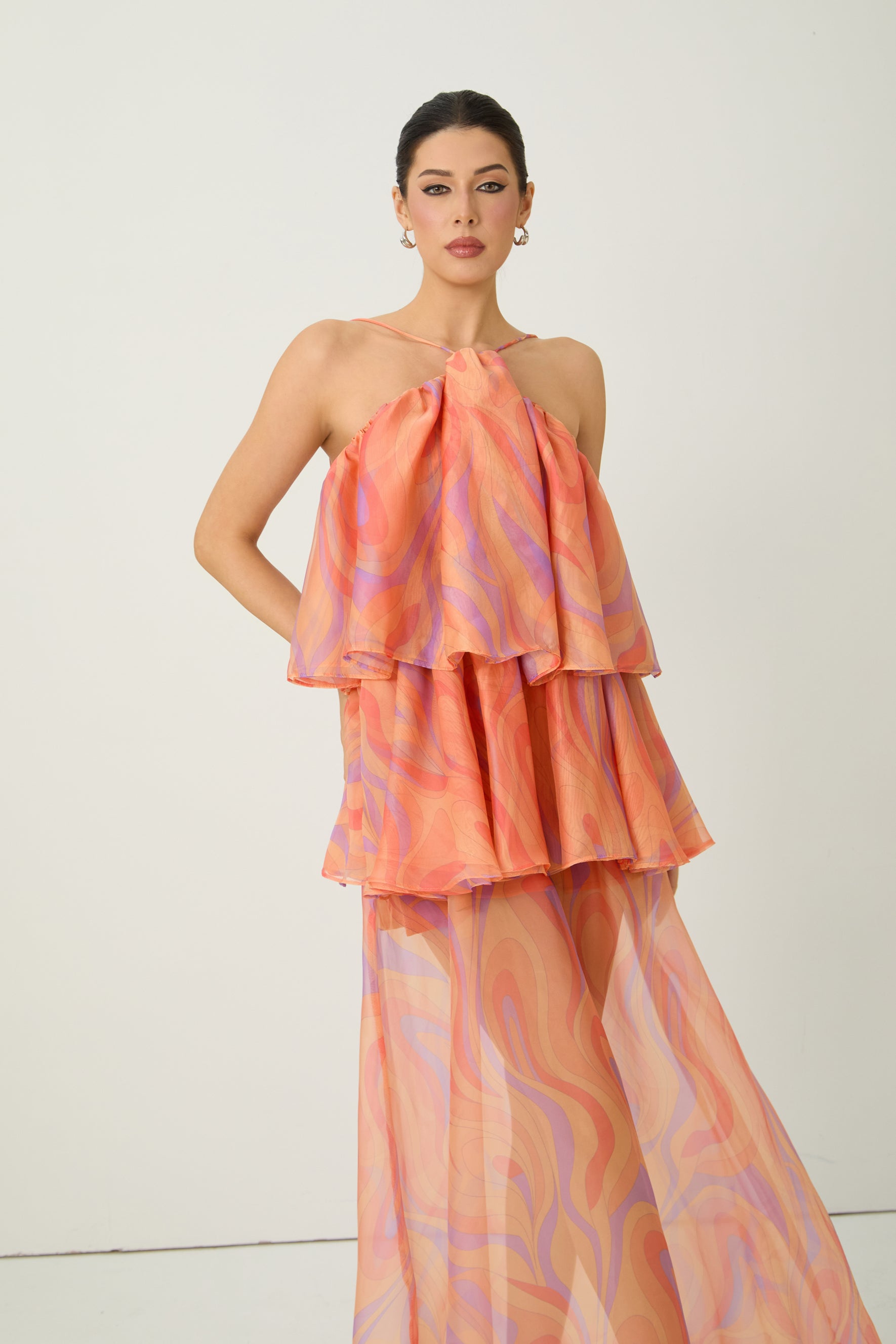 Sweet Sophistication Coral Abstract Print Halter Maxi Dress