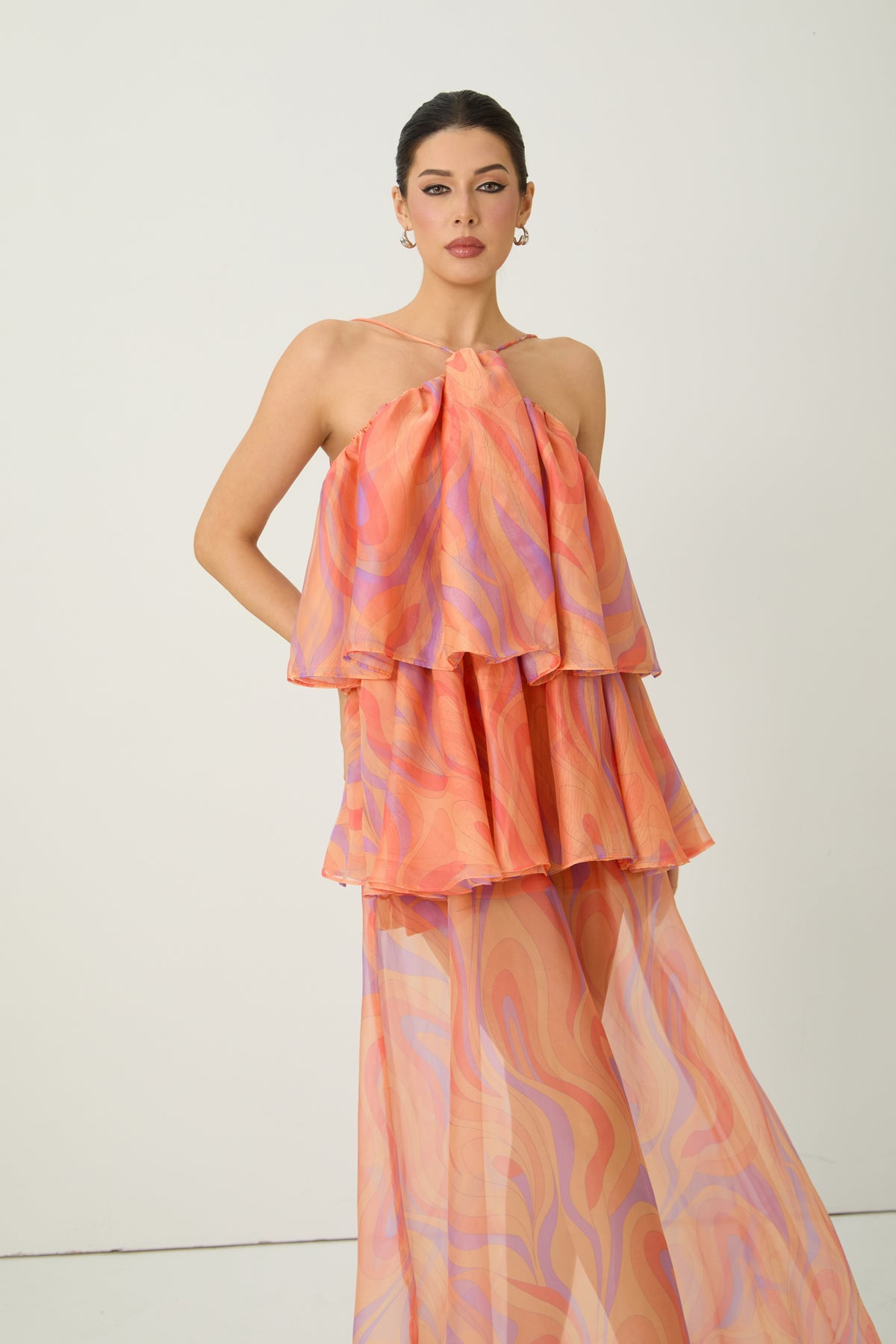 Sweet Sophistication Coral Abstract Print Halter Maxi Dress