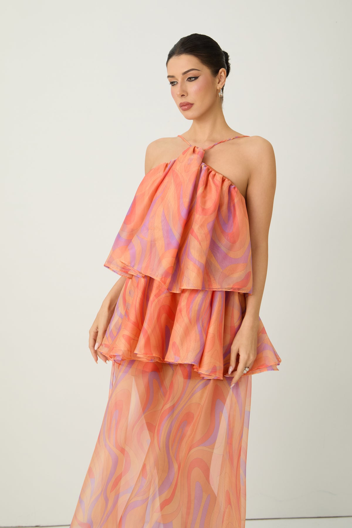 Sweet Sophistication Coral Abstract Print Halter Maxi Dress