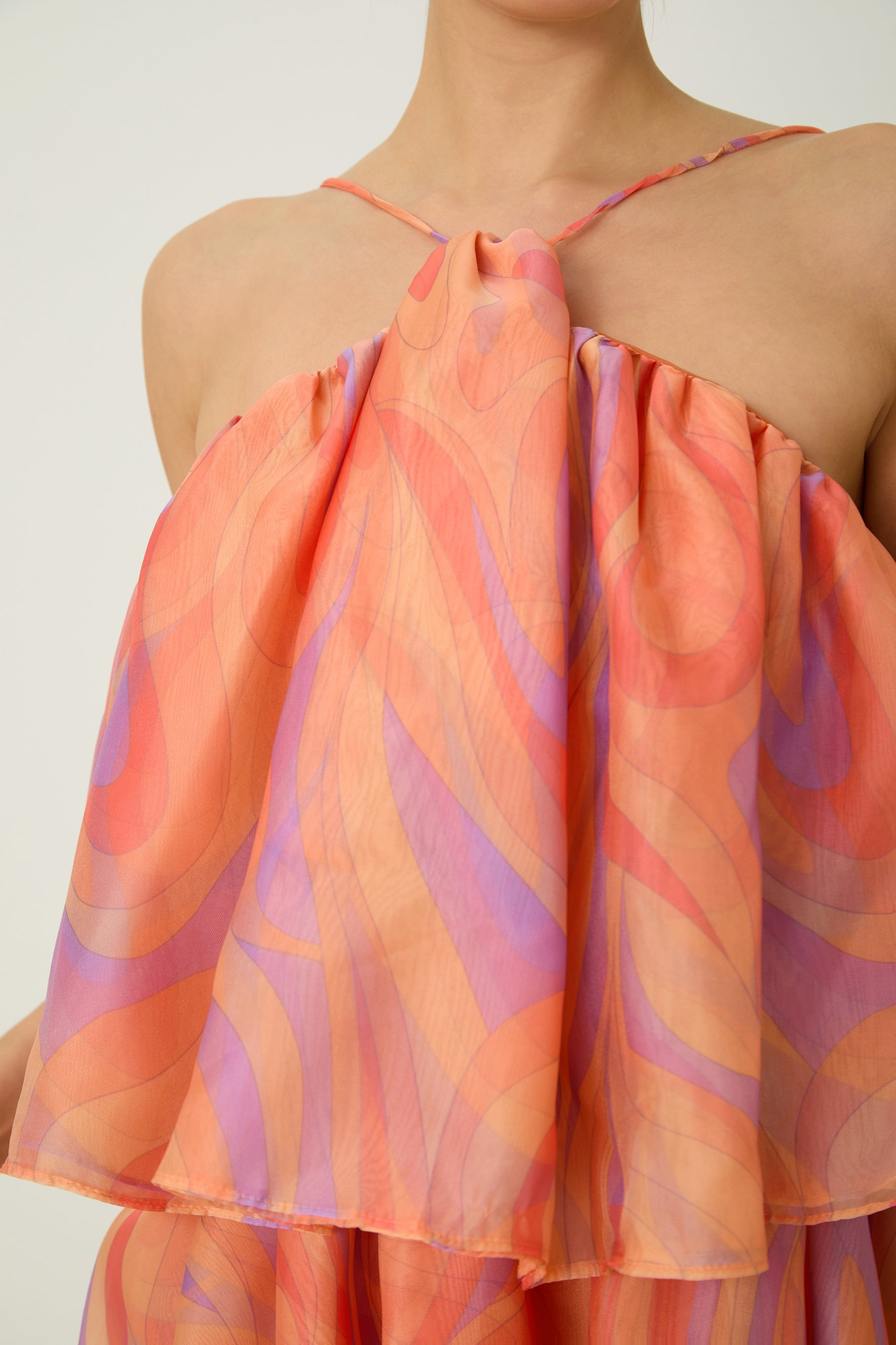 Sweet Sophistication Coral Abstract Print Halter Maxi Dress