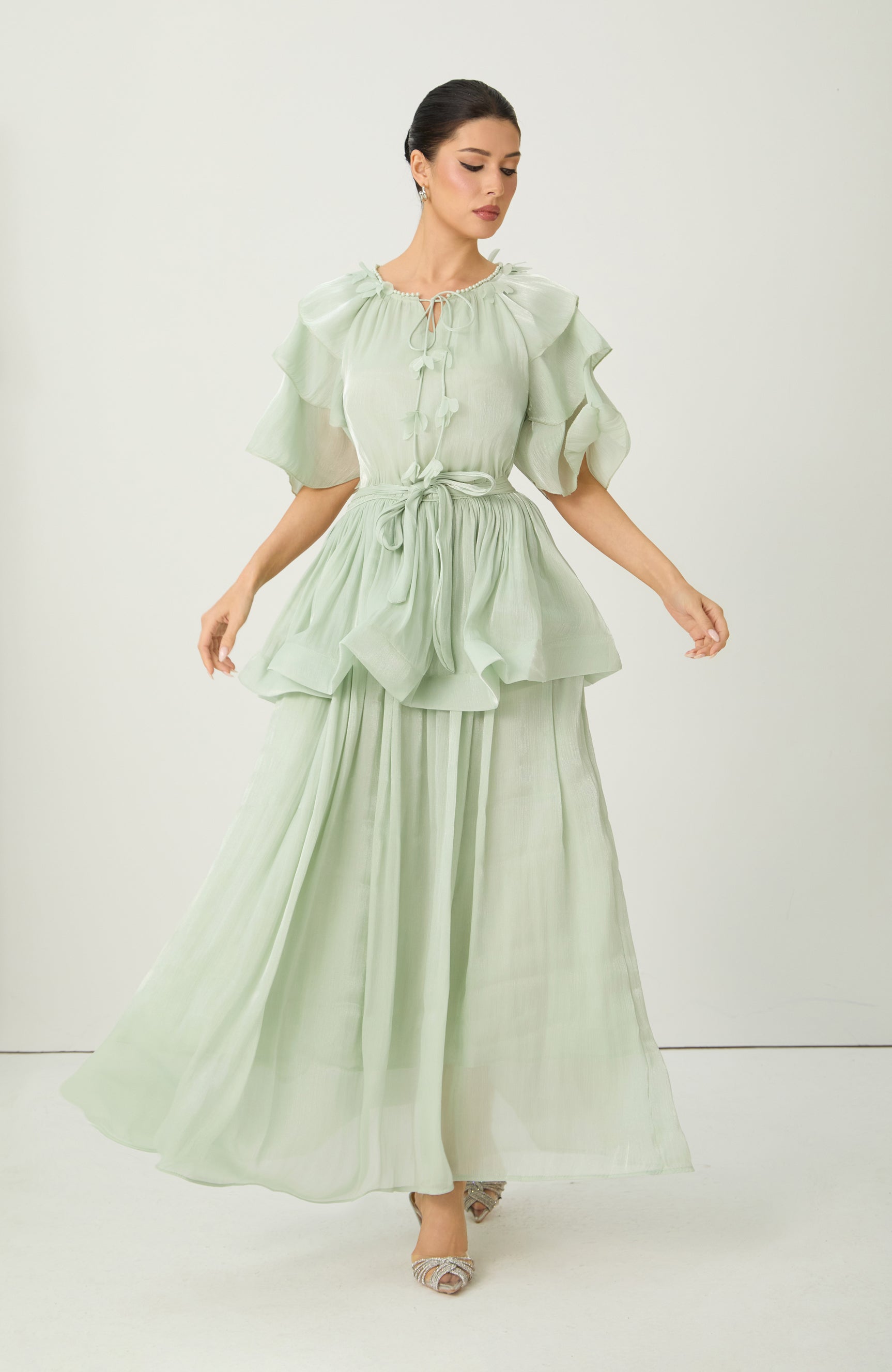 Vibes On Point Green Ruffle Sleeve Tie Neck Maxi Dress