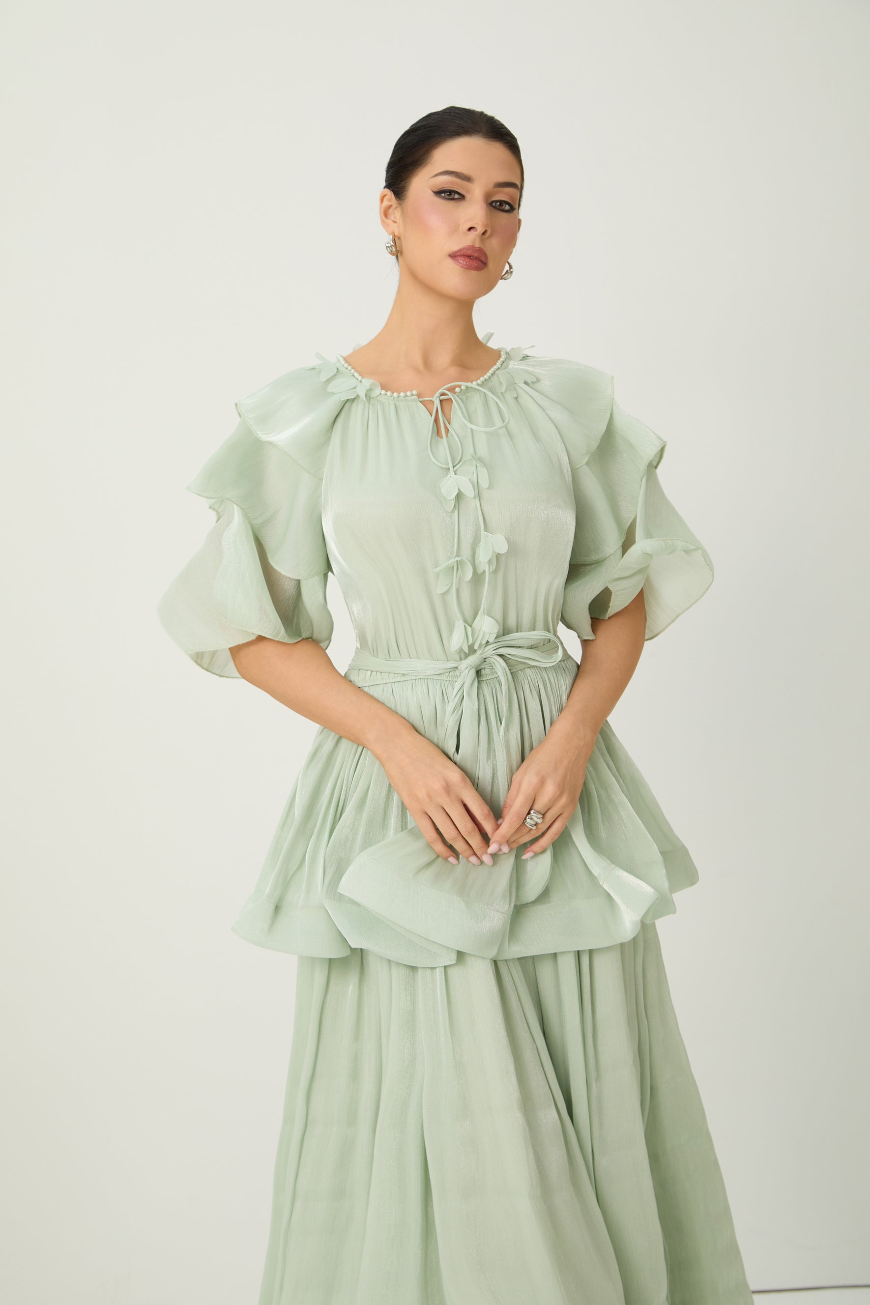 Vibes On Point Green Ruffle Sleeve Tie Neck Maxi Dress