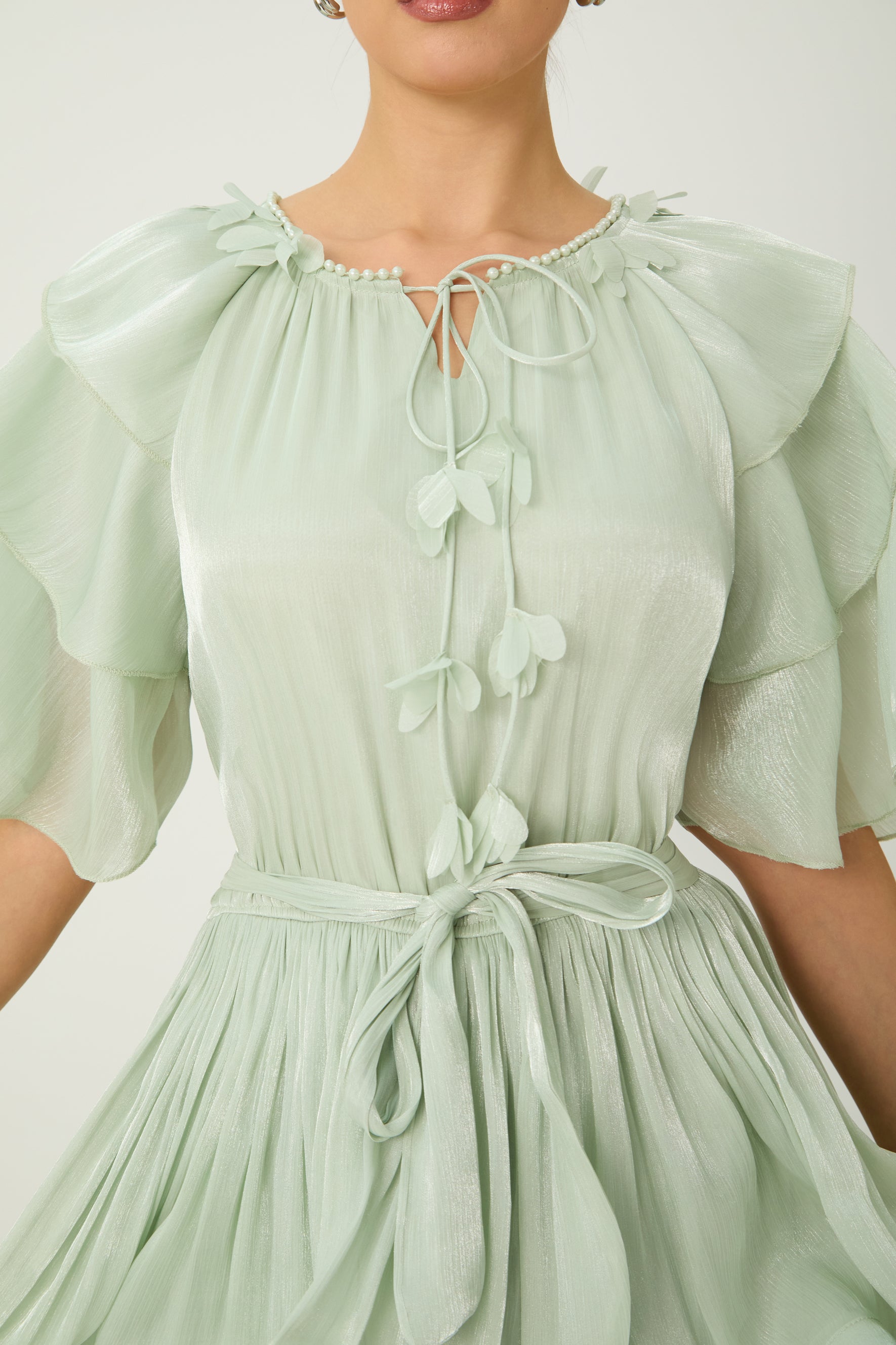 Vibes On Point Green Ruffle Sleeve Tie Neck Maxi Dress