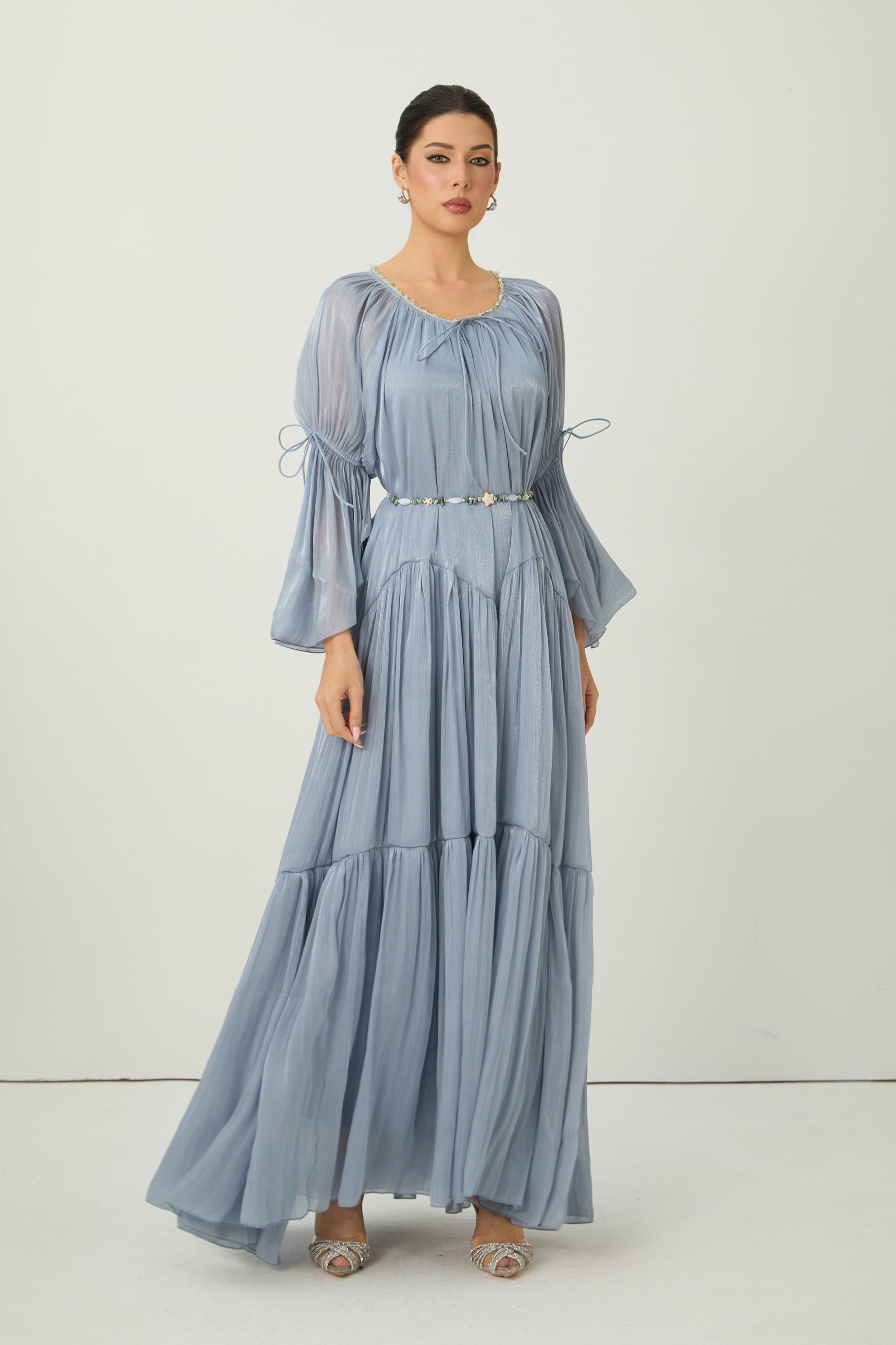 Remarkable Arrival Blue Ruffle Sleeve Ruffle Maxi Dress