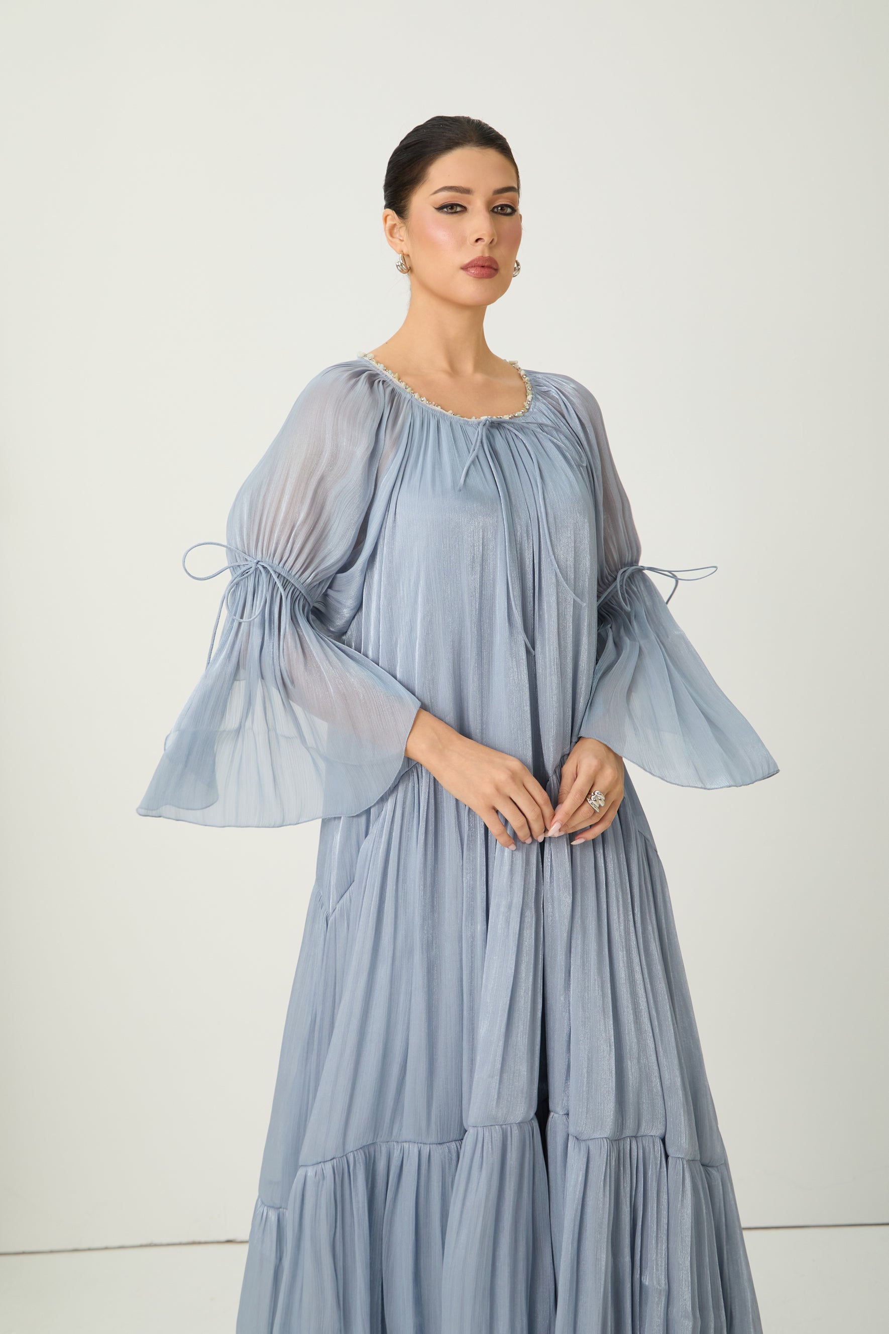 Remarkable Arrival Blue Ruffle Sleeve Ruffle Maxi Dress