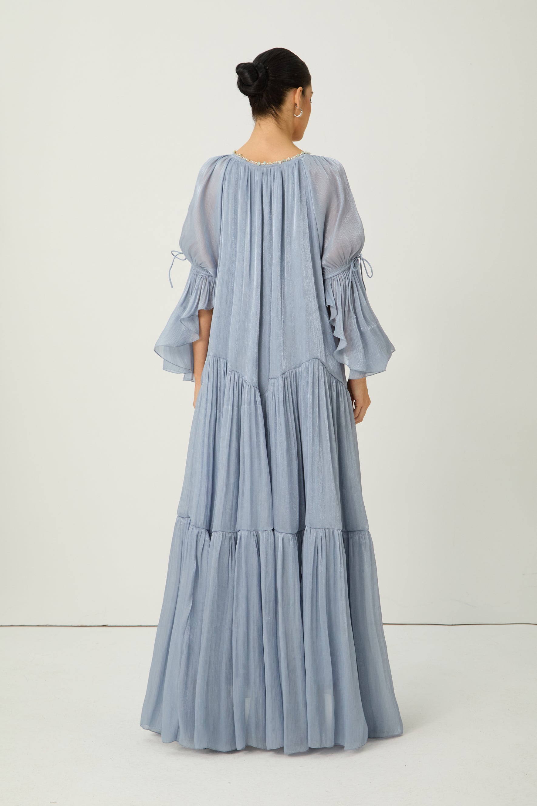 Remarkable Arrival Blue Ruffle Sleeve Ruffle Maxi Dress