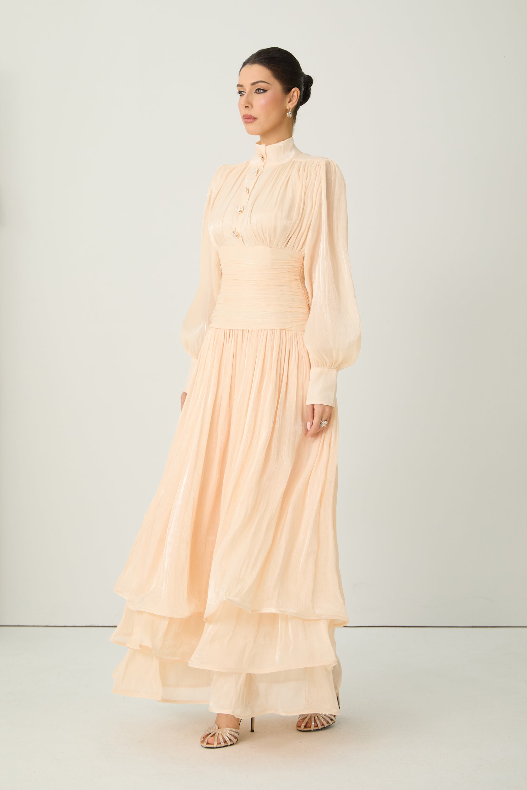 Divine Beauty Apricot High Neck Pleated Maxi Dress