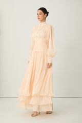Divine Beauty Apricot High Neck Pleated Maxi Dress