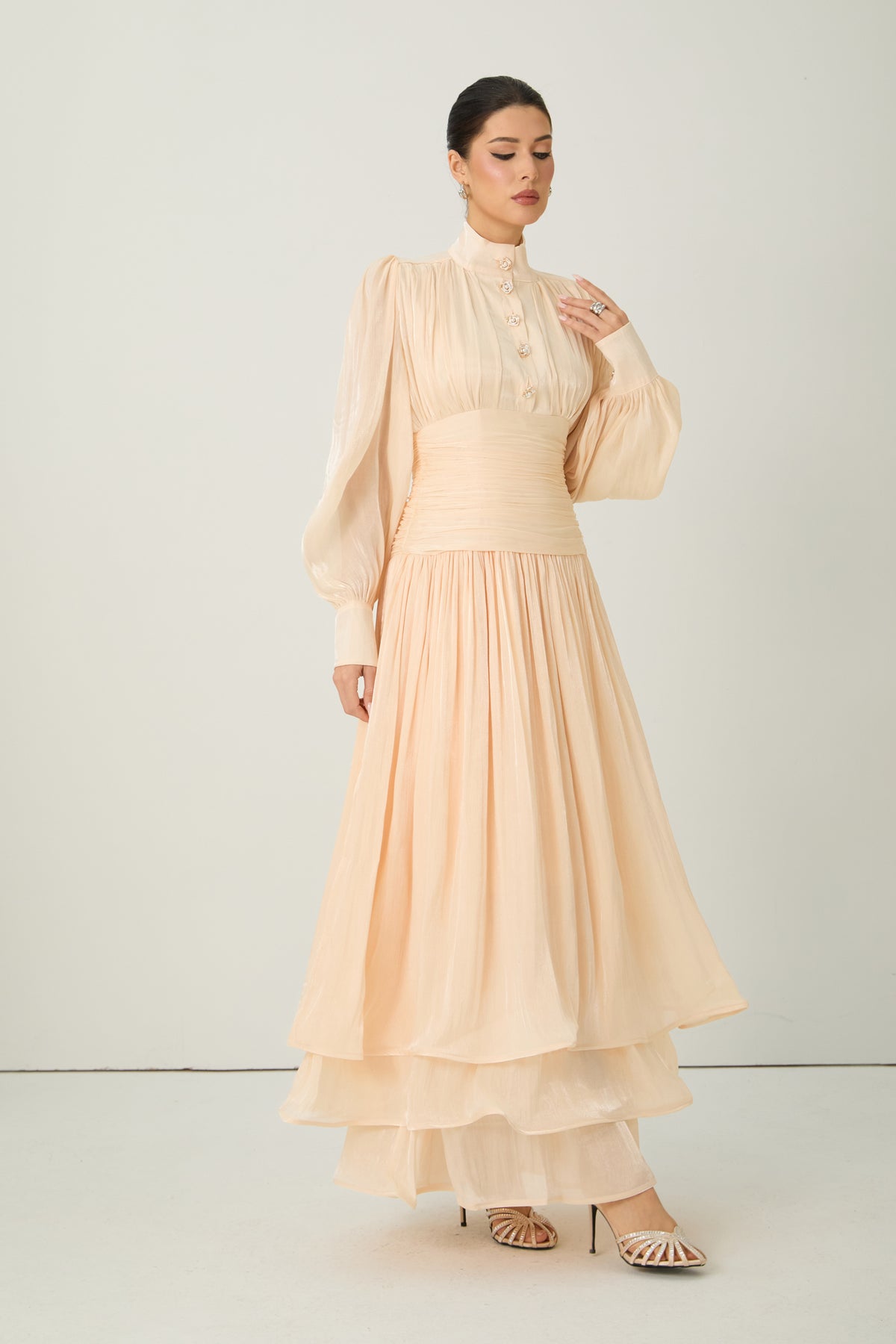 Divine Beauty Apricot High Neck Pleated Maxi Dress